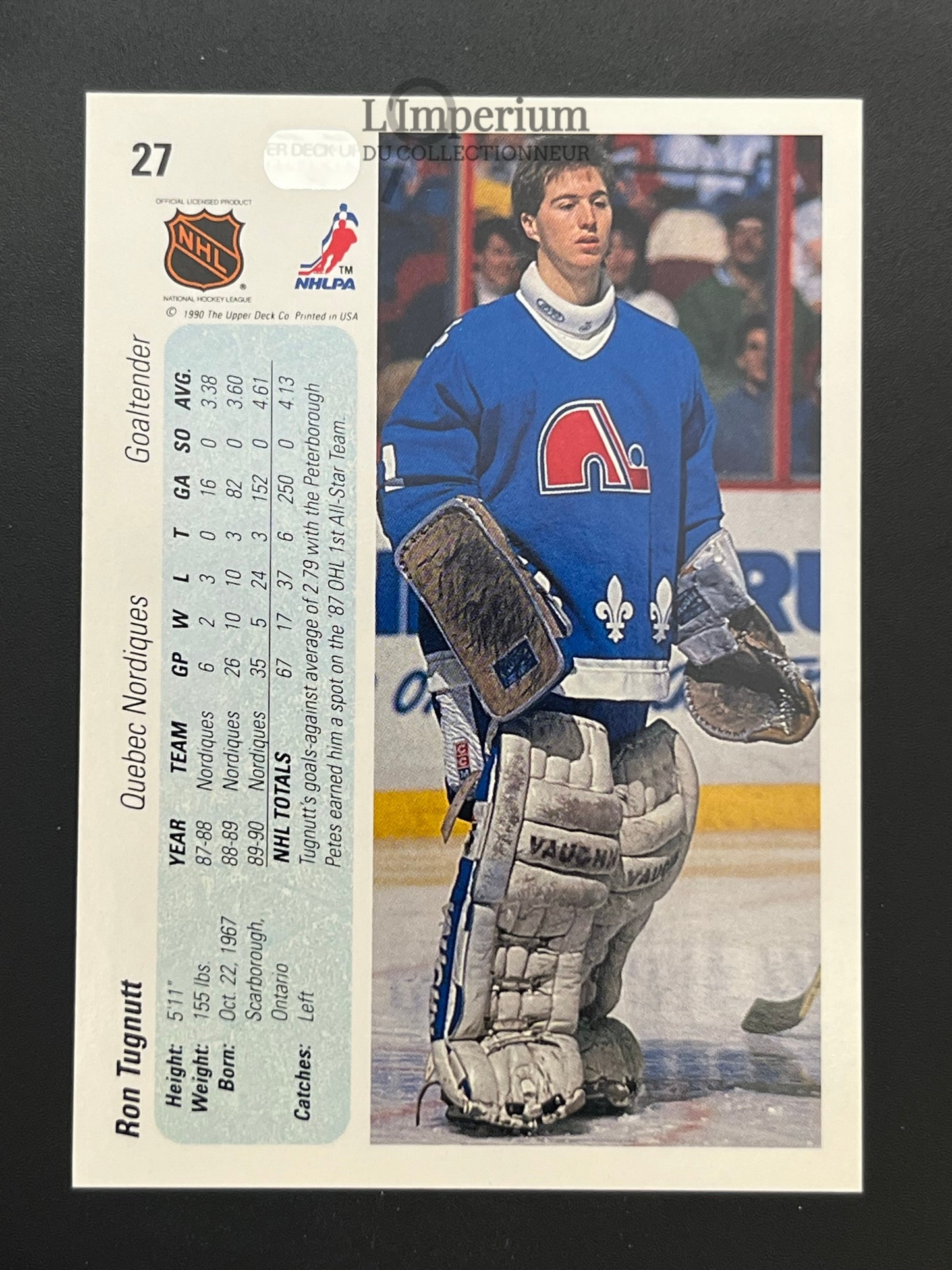 27. Ron tugnutt Upper Deck 1990-91 Hockey Card