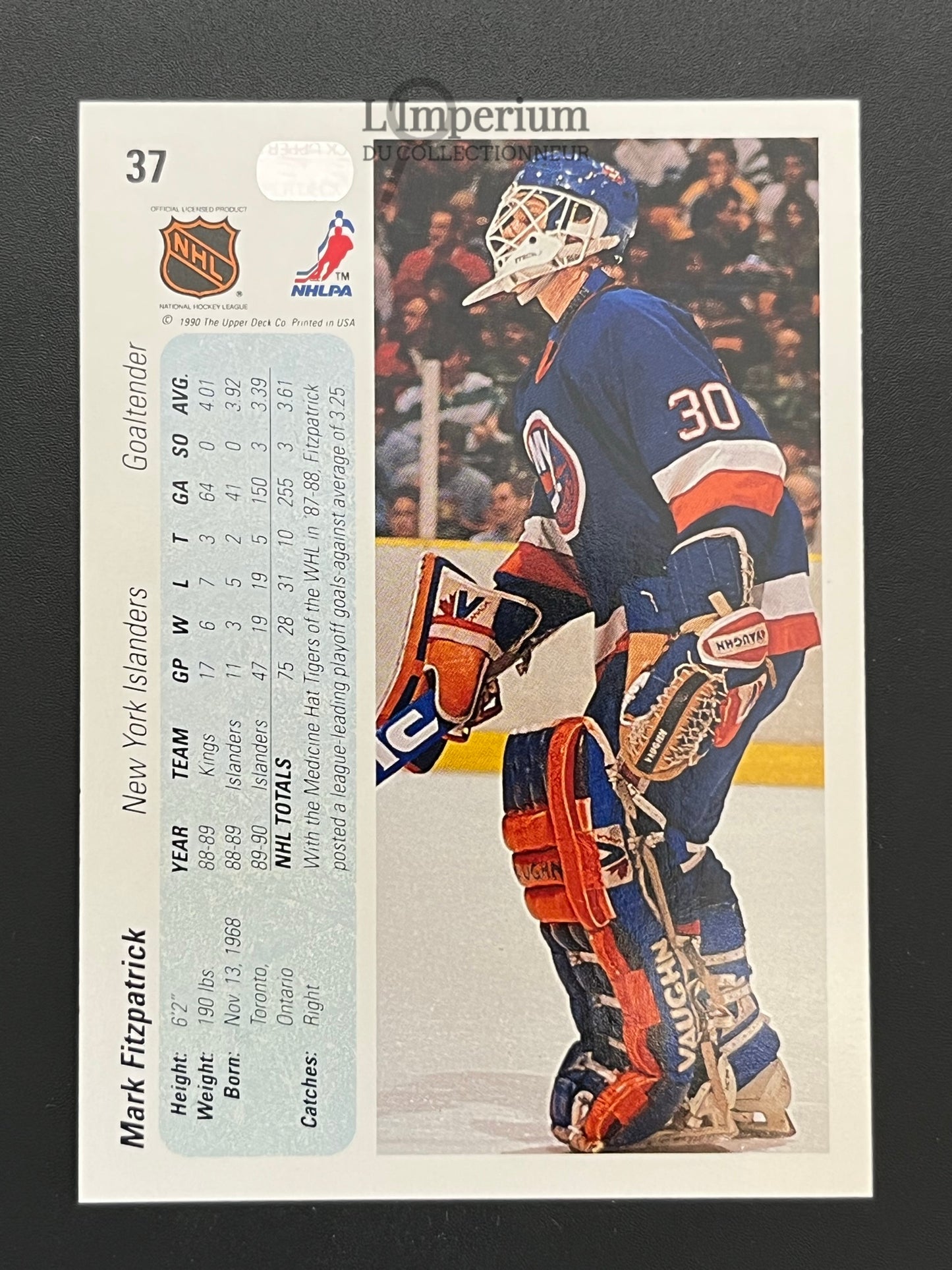 37. Mark Fitzpatrick RC Upper Deck 1990-91 Hockey Card
