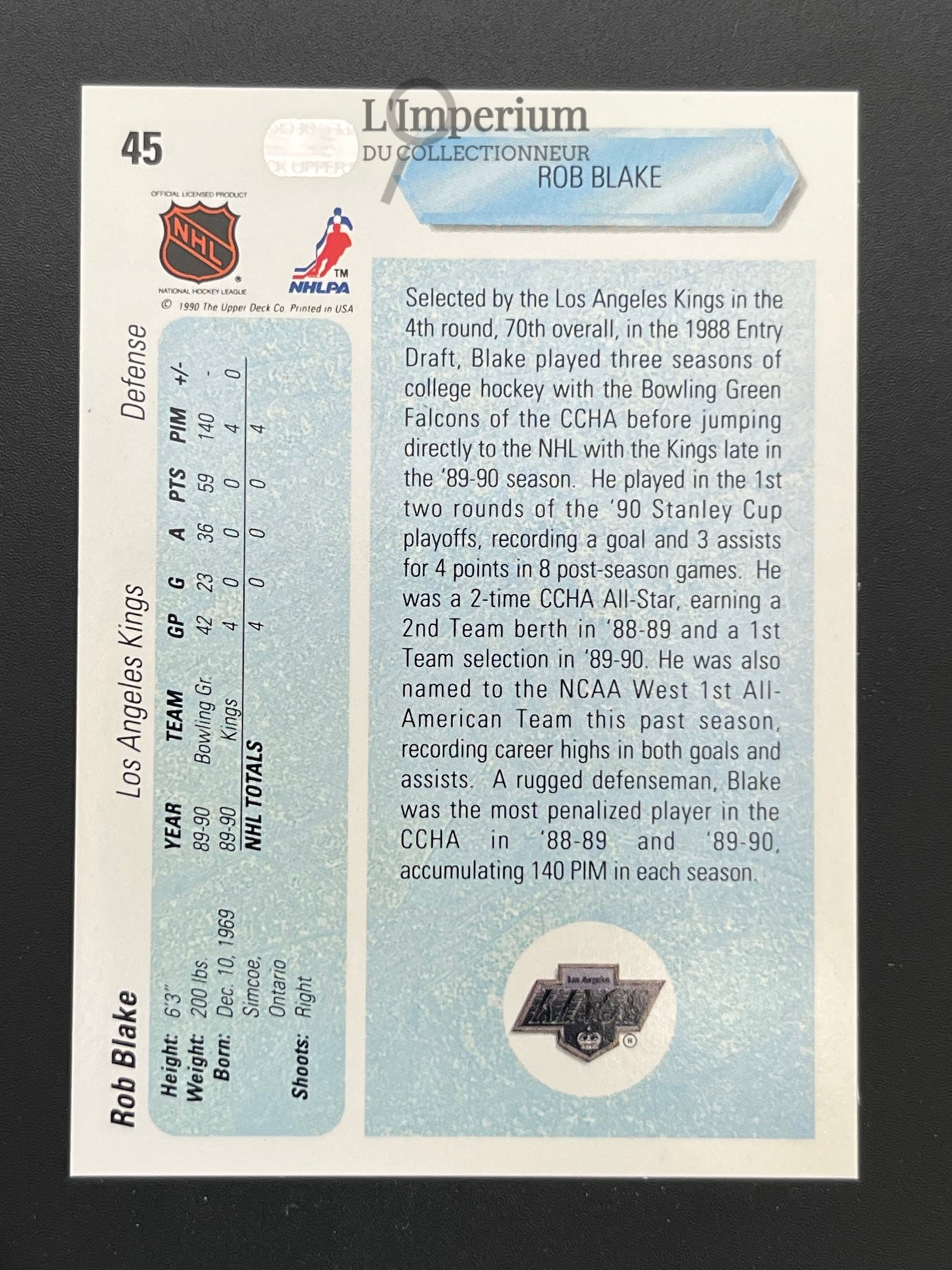 45. Rob Blake RC Upper Deck 1990-91 Hockey Card