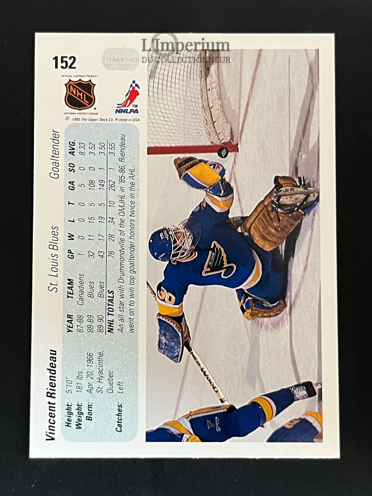 152. Vincent Riendeau RC Upper Deck 1990-91 Hockey Card