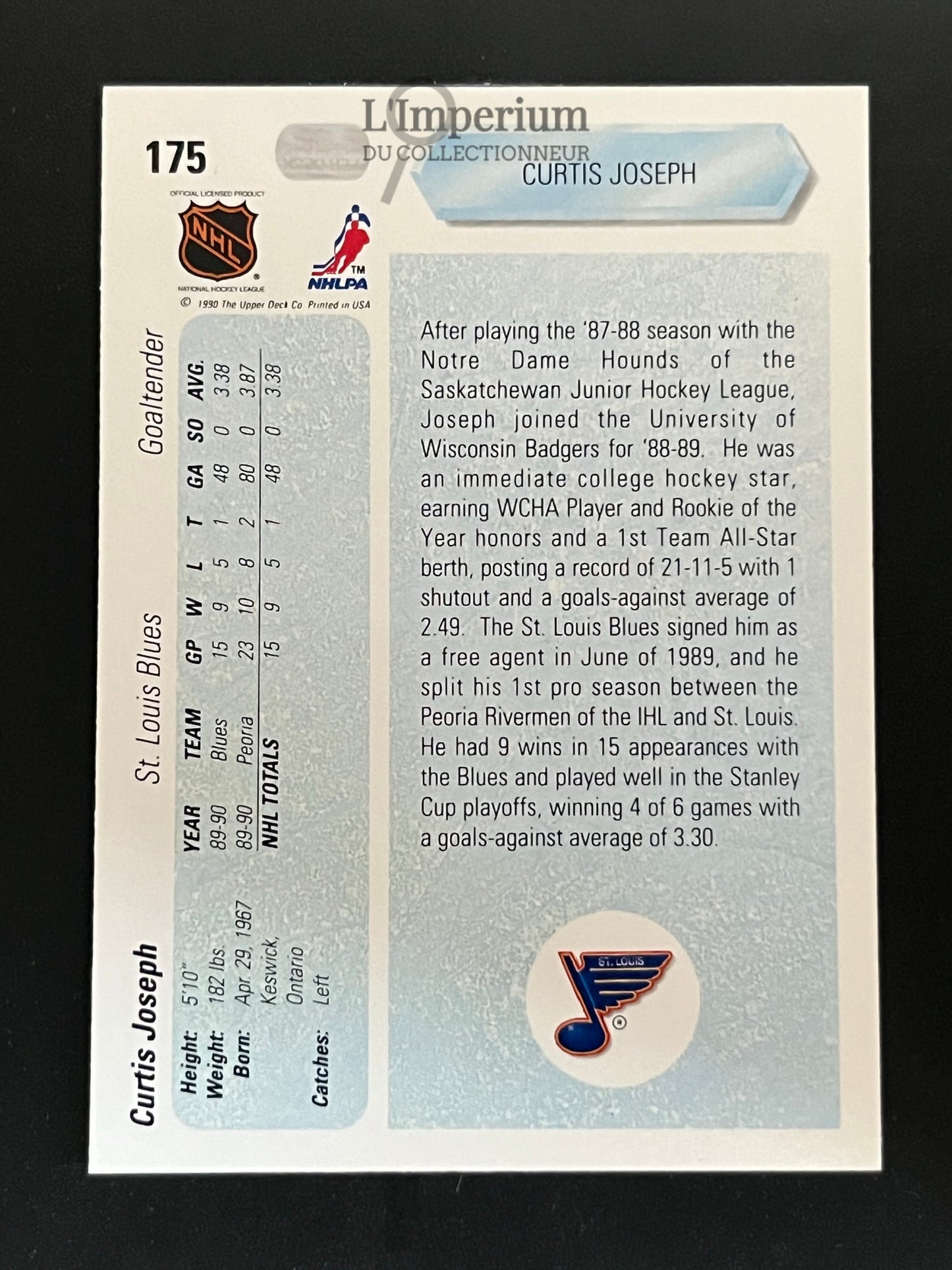 175. Curtis Joseph RC Upper Deck 1990-91 Hockey Card