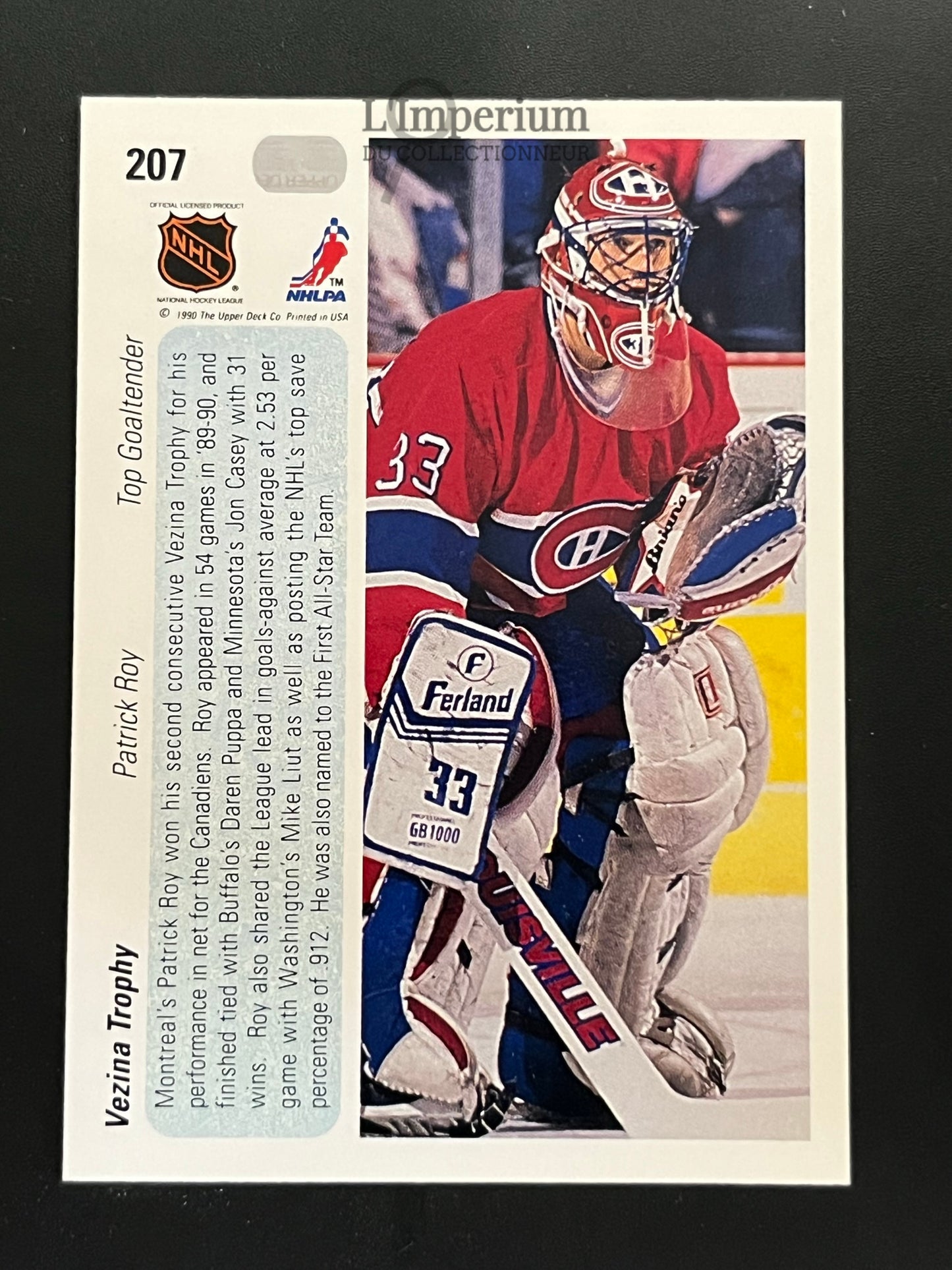 207. Patrick Roy (Vezina) Upper Deck 1990-91 Hockey Card