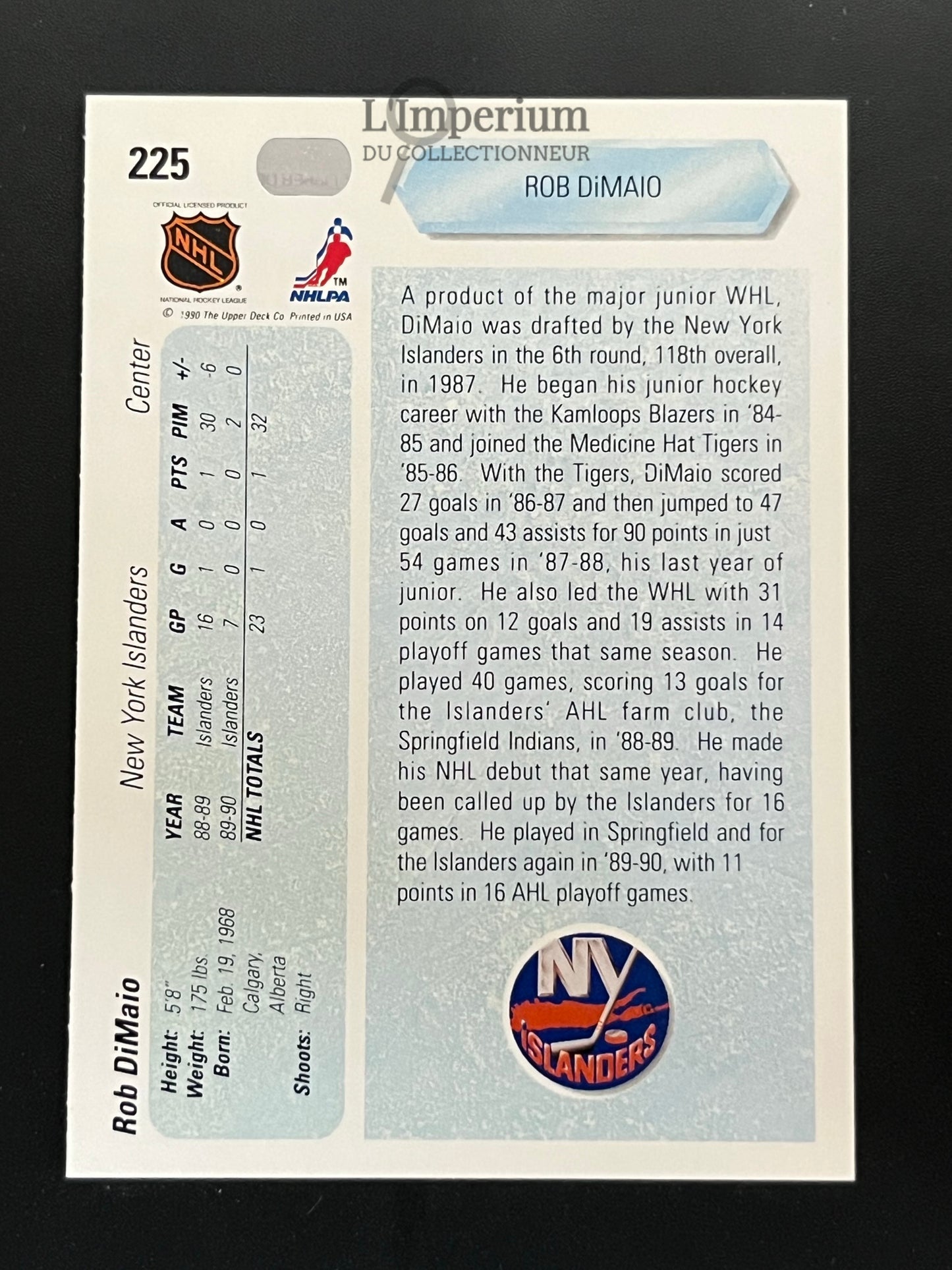 225. Rob DiMaio RC Upper Deck 1990-91 Hockey Card