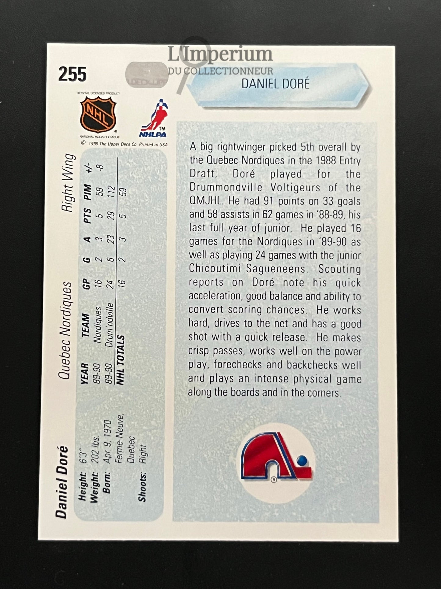 255. Daniel Dore RC Upper Deck 1990-91 Hockey Card