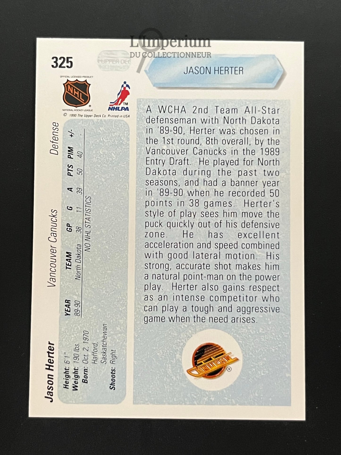 325. Jason Herter RC Upper Deck 1990-91 Hockey Card