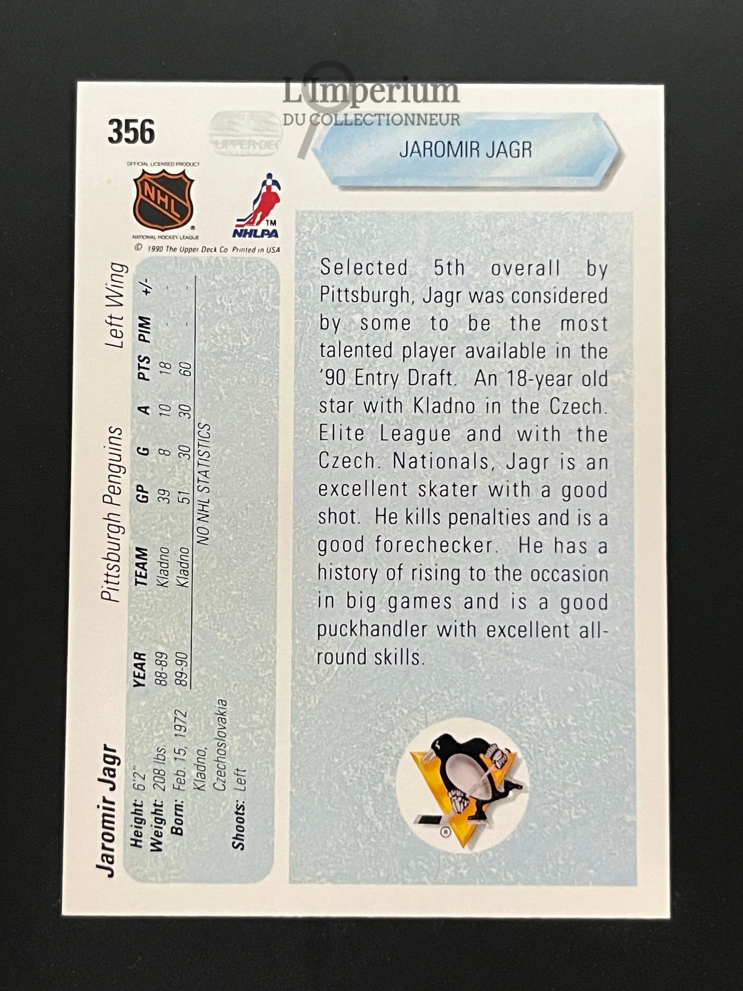 356. Jaromir Jagr RC Upper Deck 1990-91 Hockey Card