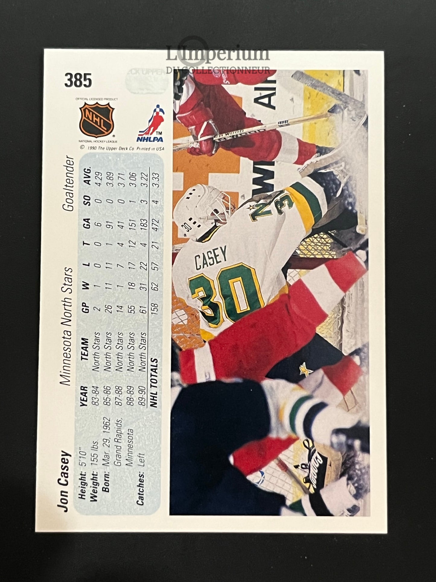 385. Jon Casey Upper Deck 1990-91 Hockey Card
