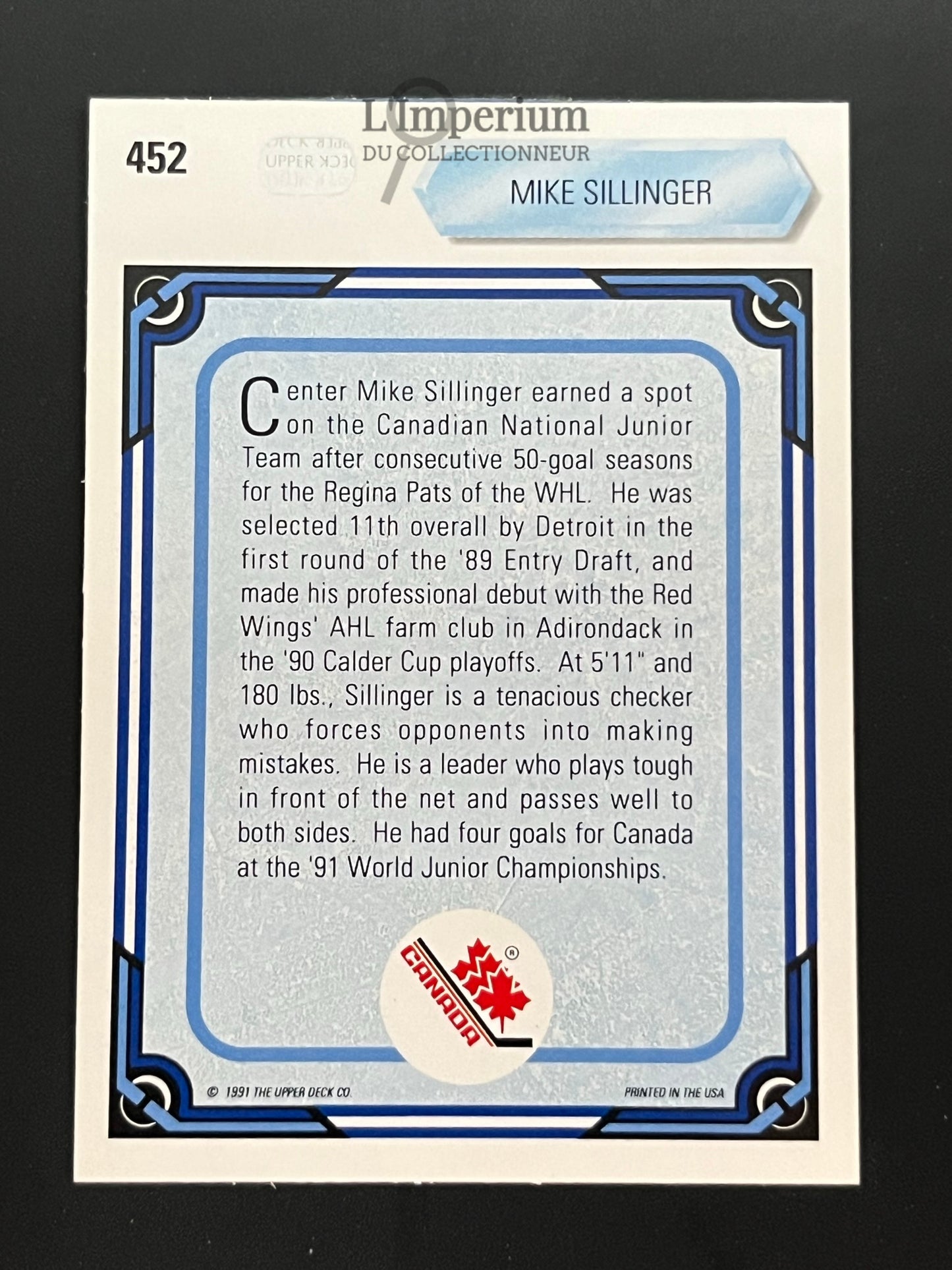 452. Mike Sillinger RC Upper Deck 1990-91 Hockey Card
