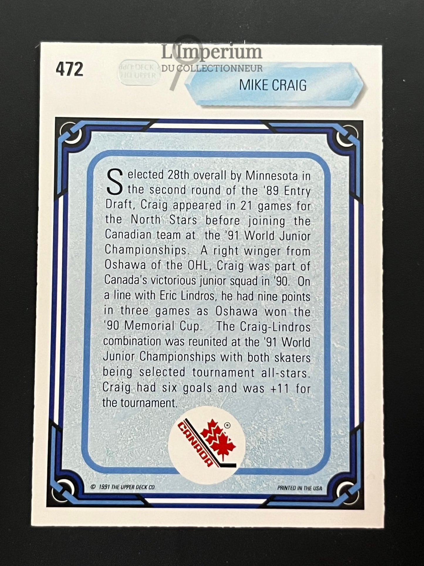 472. Mike Craig RC Upper Deck 1990-91 Hockey Card