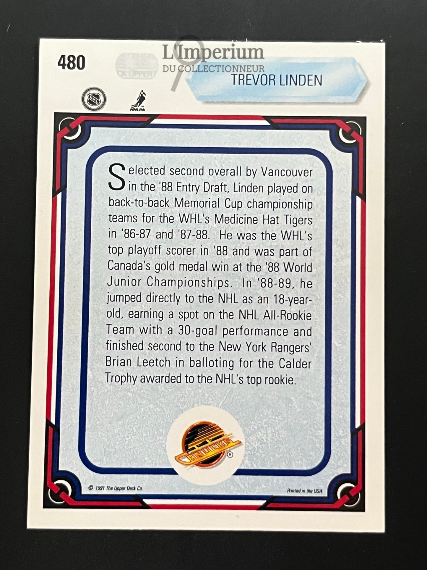 480. Trevor Linden AS Upper Deck 1990-91 Hockey Card
