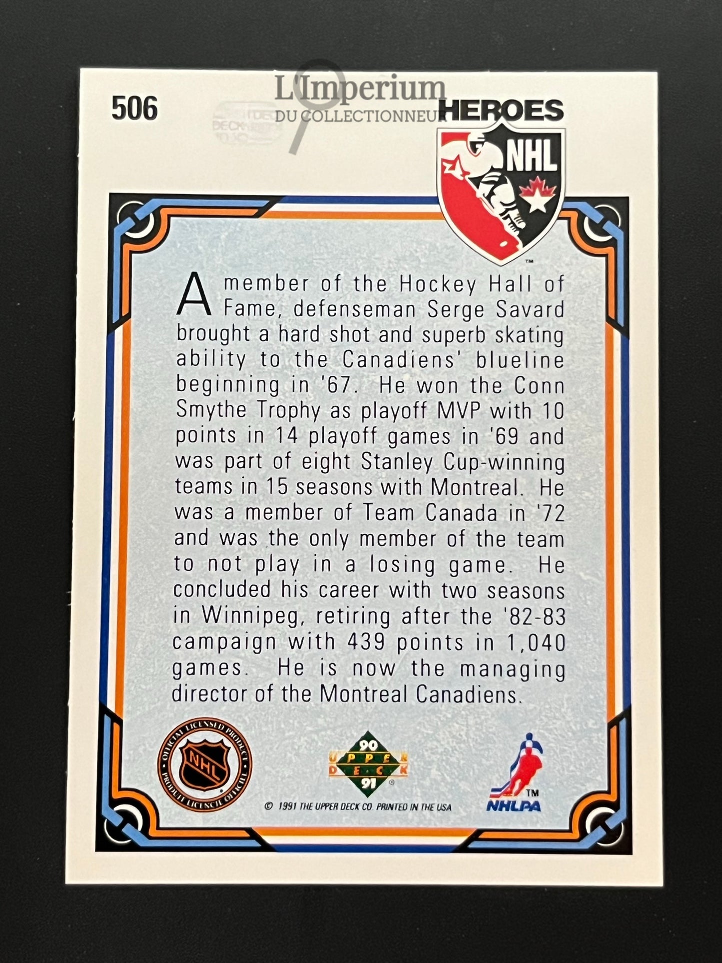 506. Serge Savard HERO Upper Deck 1990-91 Hockey Card