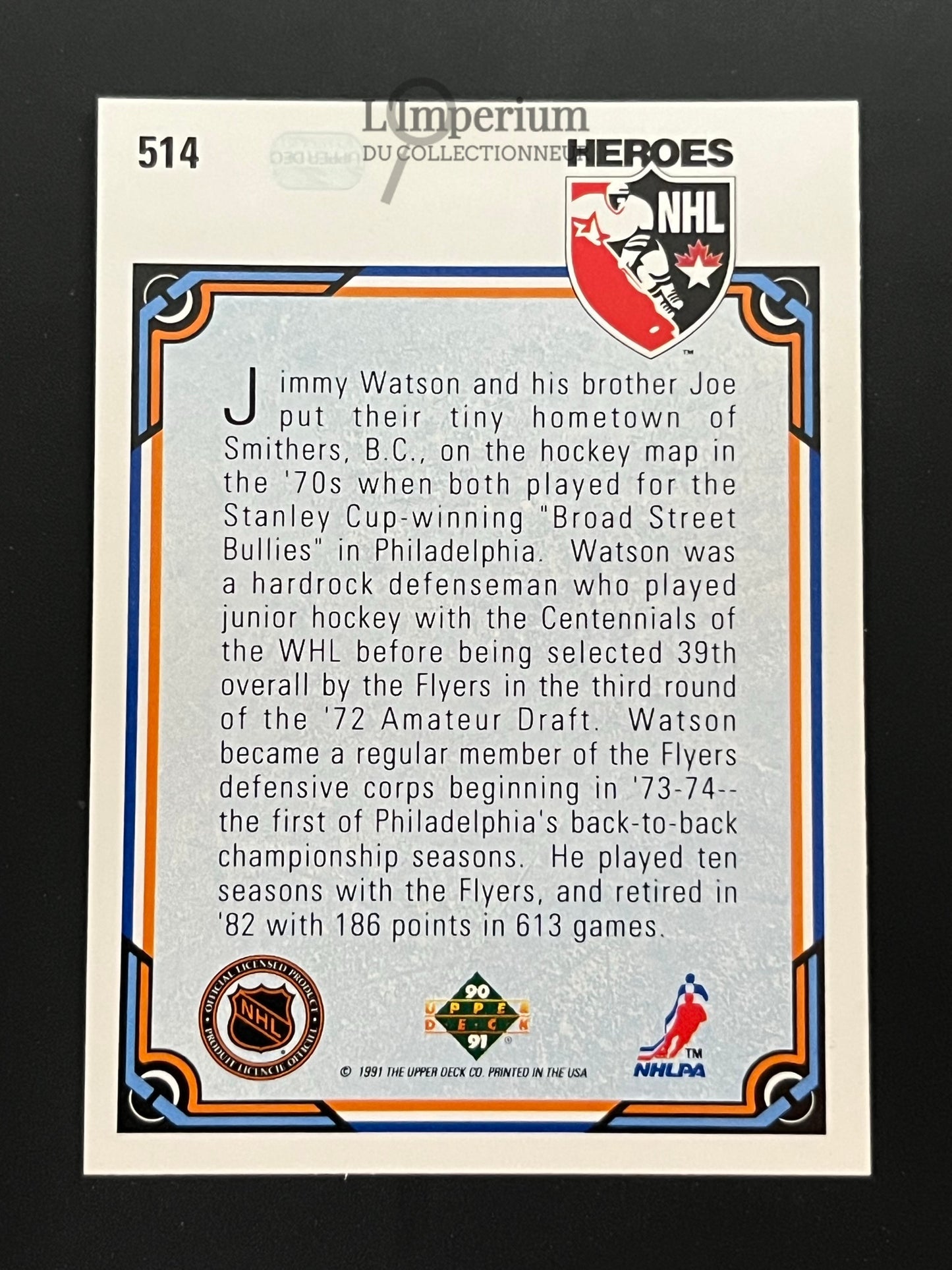 514. Jimmy Watson HERO Upper Deck 1990-91 Hockey Card