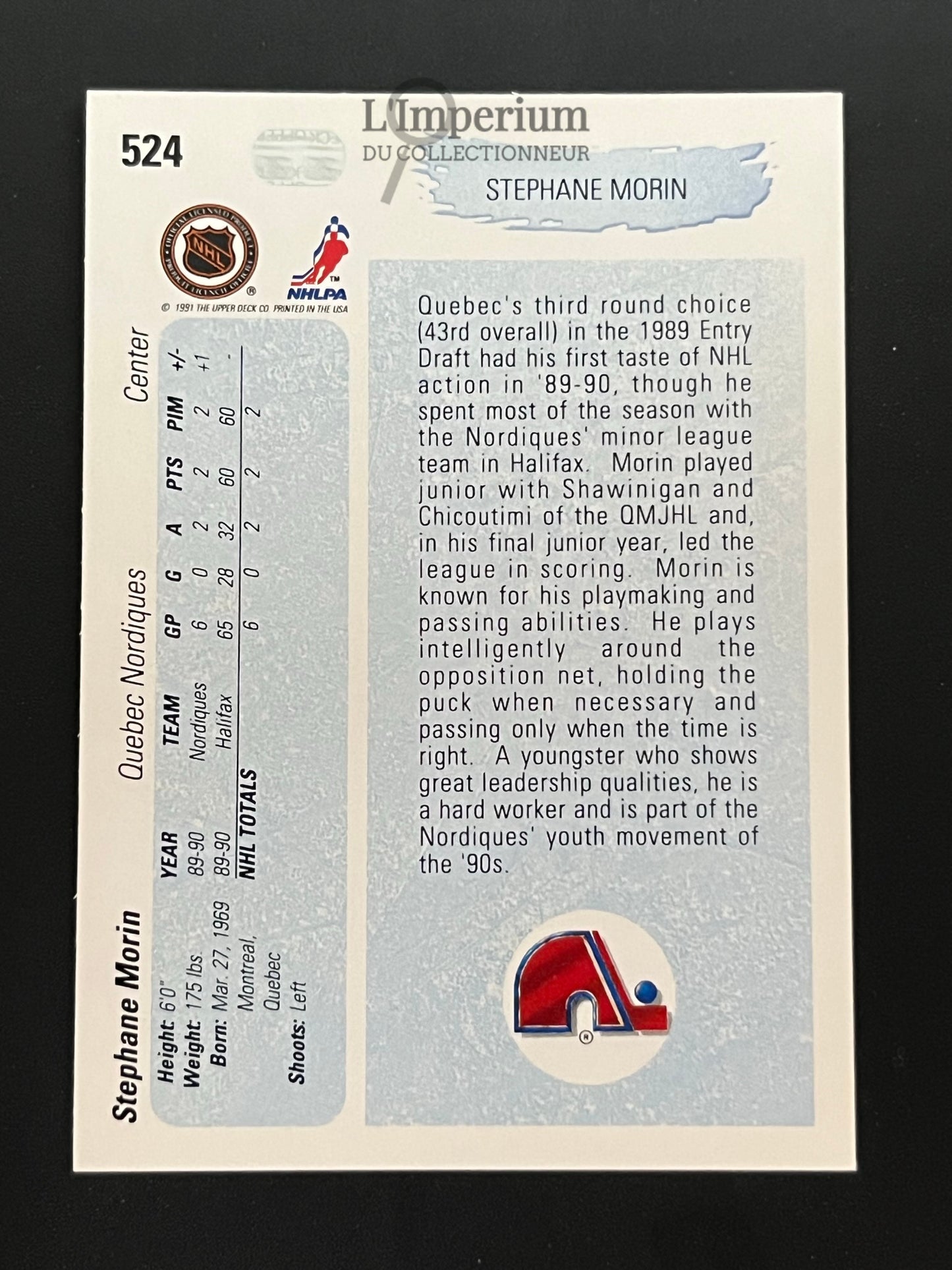 524. Stephane Morin YG, RC Upper Deck 1990-91 Hockey Card