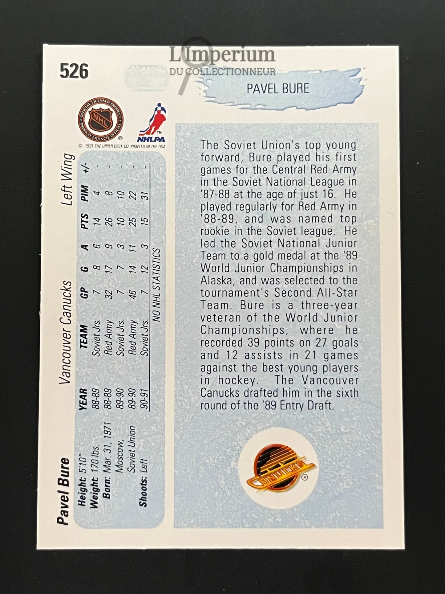 526. Pavel Bure YG, RC Upper Deck 1990-91 Hockey Card
