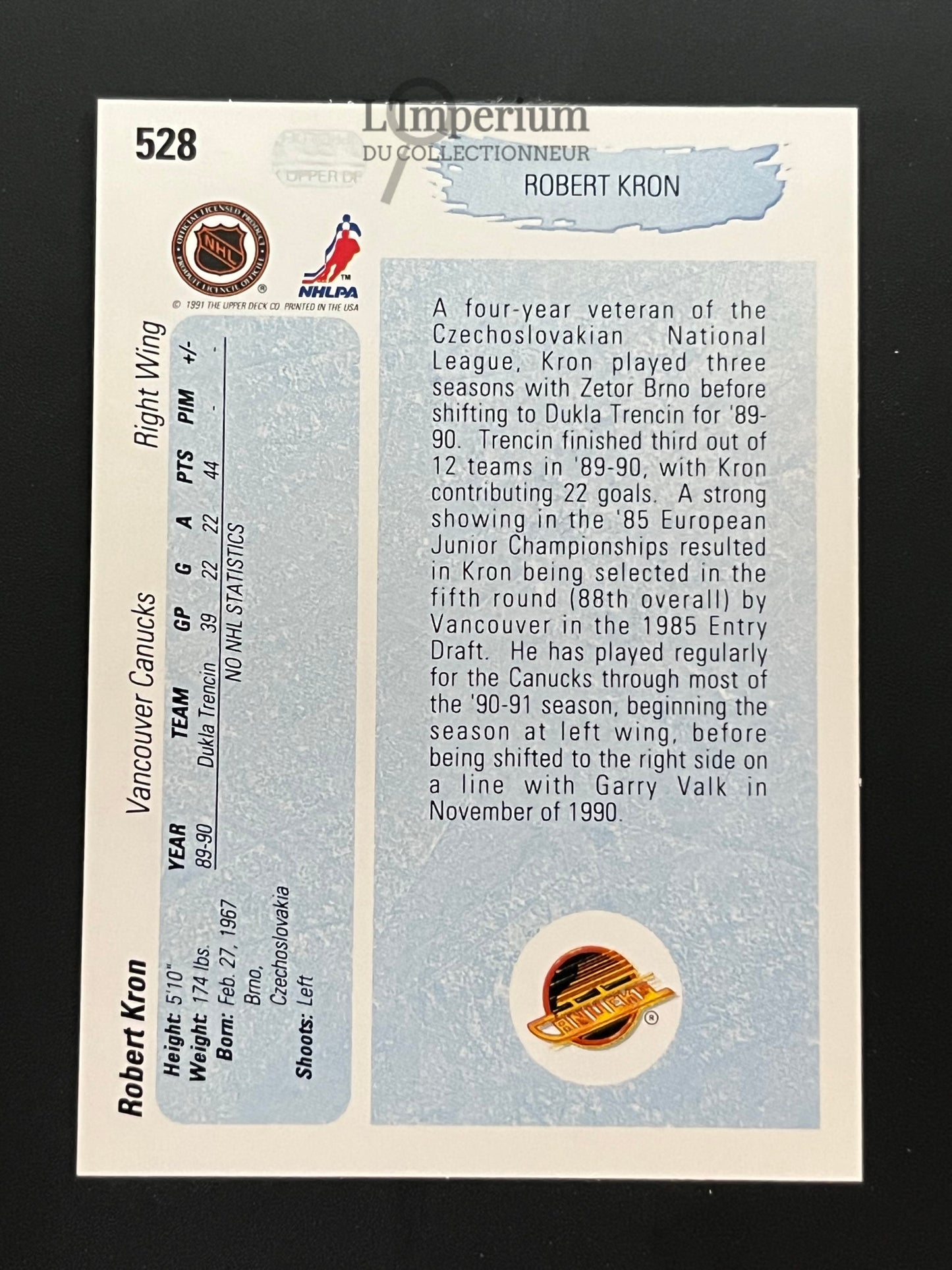 528. Robert Kron YG, RC Upper Deck 1990-91 Hockey Card
