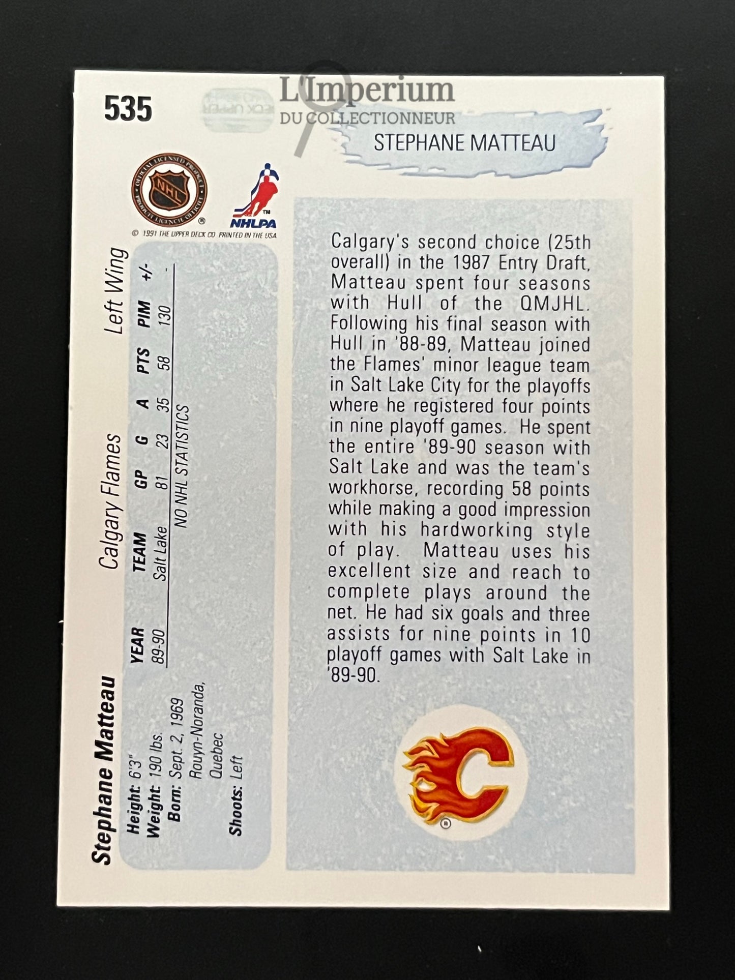 535. Stephane Matteau YG, RC Upper Deck 1990-91 Hockey Card