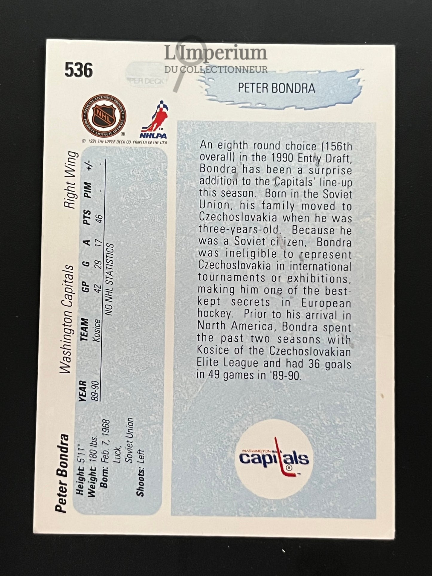 536. Peter Bondra YG, RC Upper Deck 1990-91 Hockey Card