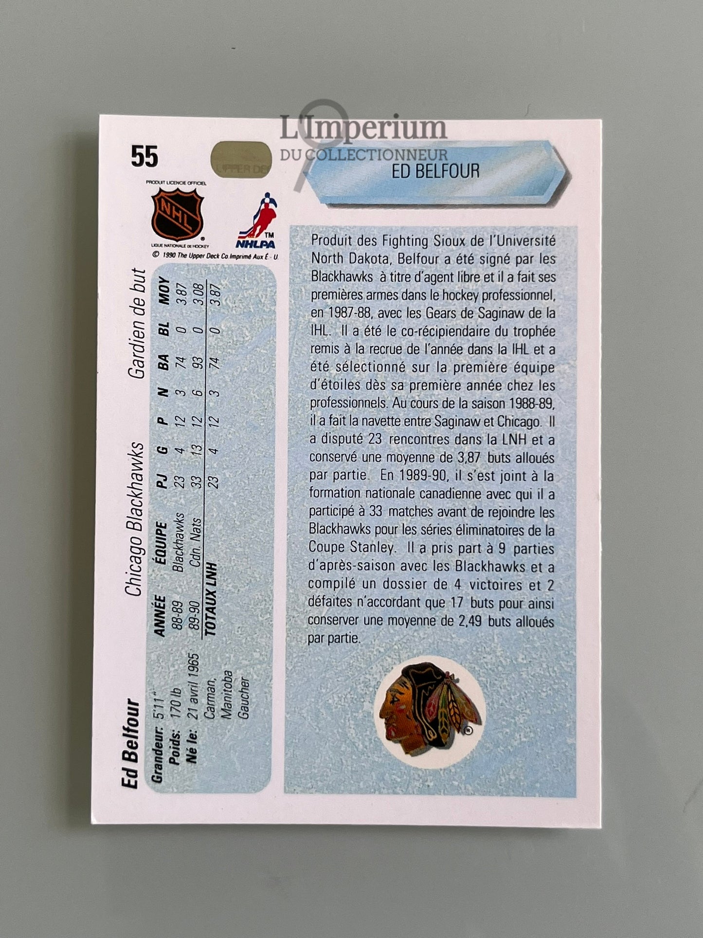 55. Ed Belfour RC Upper Deck 1990-91 French Hockey Card