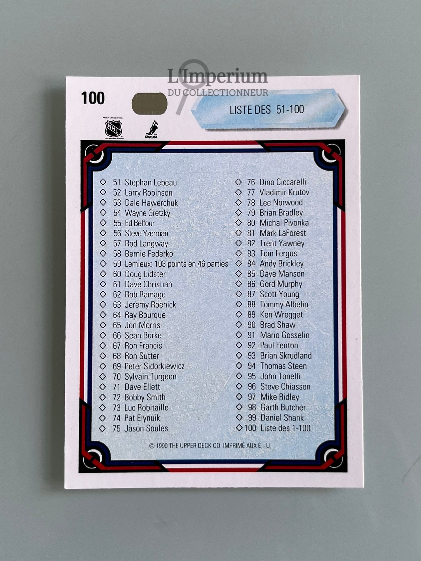 100. Checklist 1-100 Upper Deck 1990-91 French Hockey Card