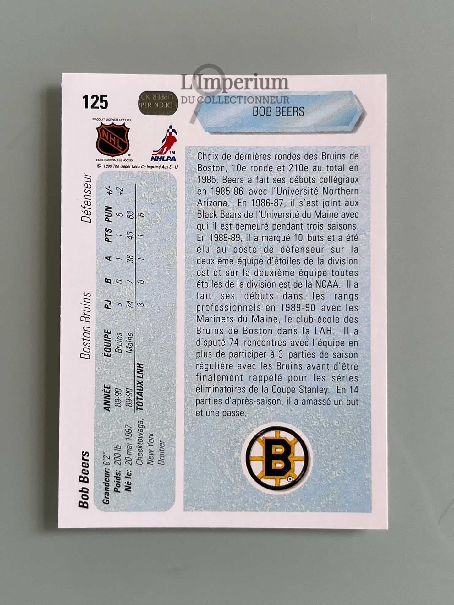 125. Bob Beers RC Upper Deck 1990-91 French Hockey Card