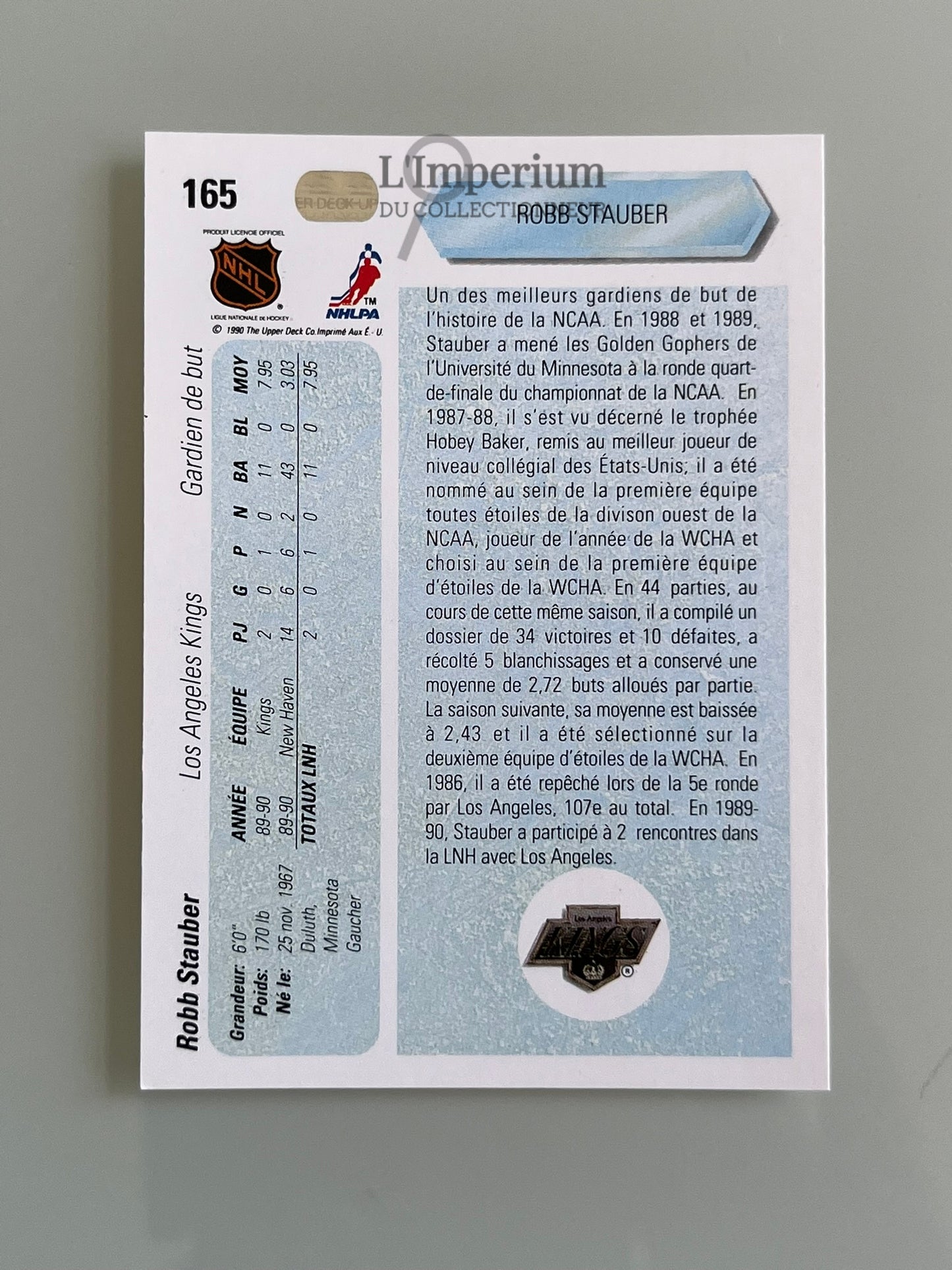 165. Robb Stauber RC Upper Deck 1990-91 French Hockey Card
