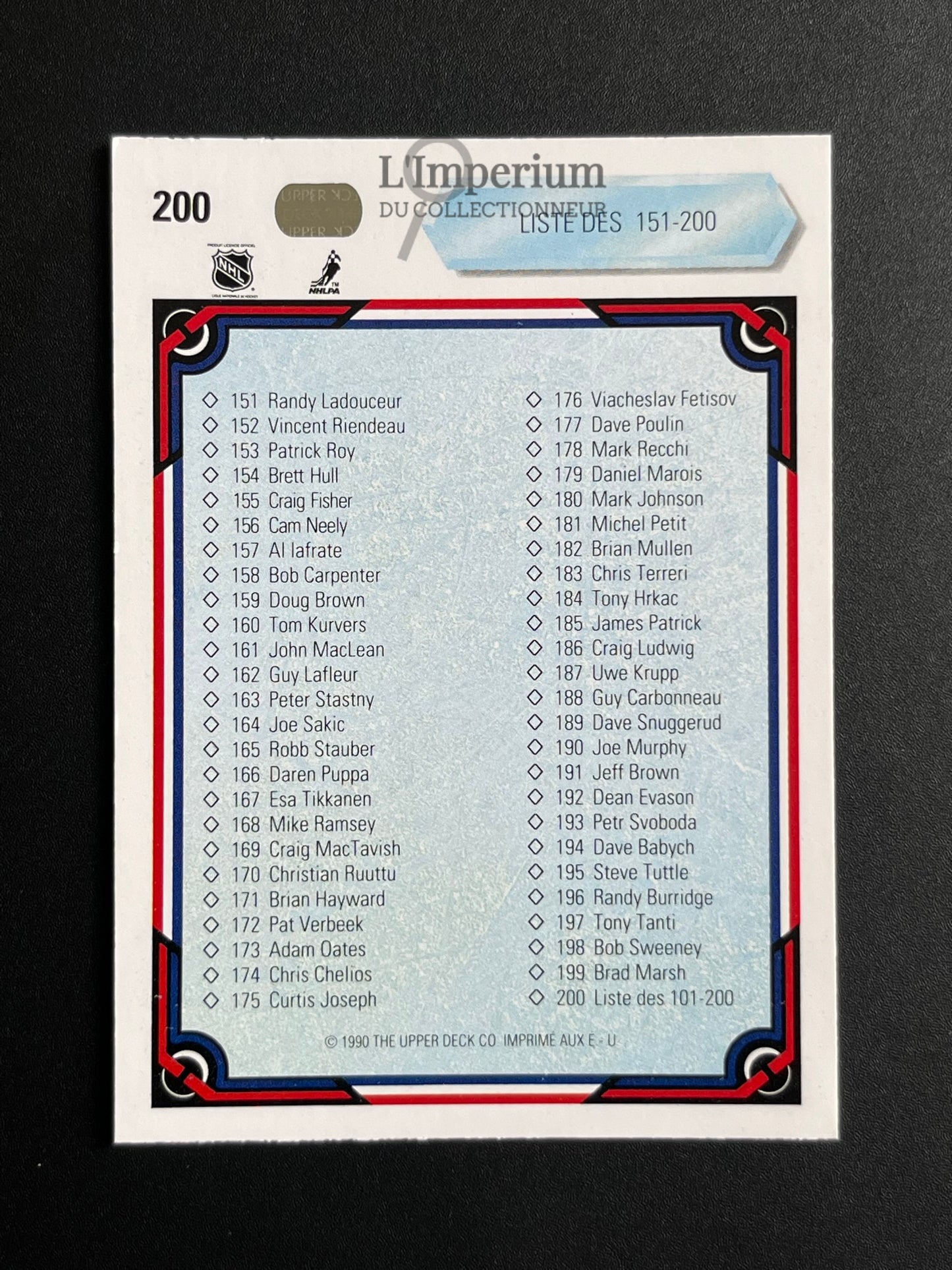 200. Checklist 101-200 Upper Deck 1990-91 French Hockey Card