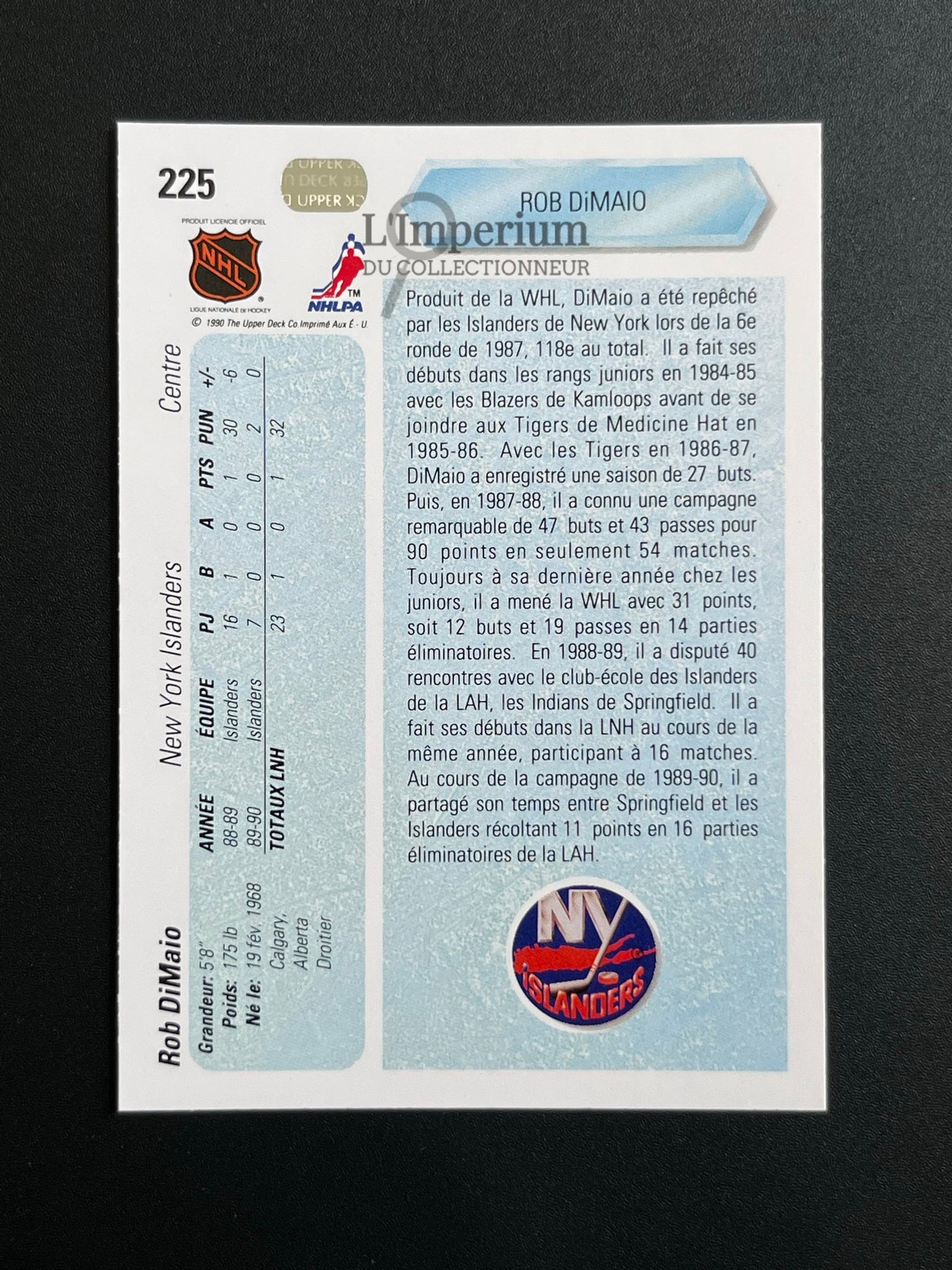 225. Rob DiMaio RC Upper Deck 1990-91 French Hockey Card