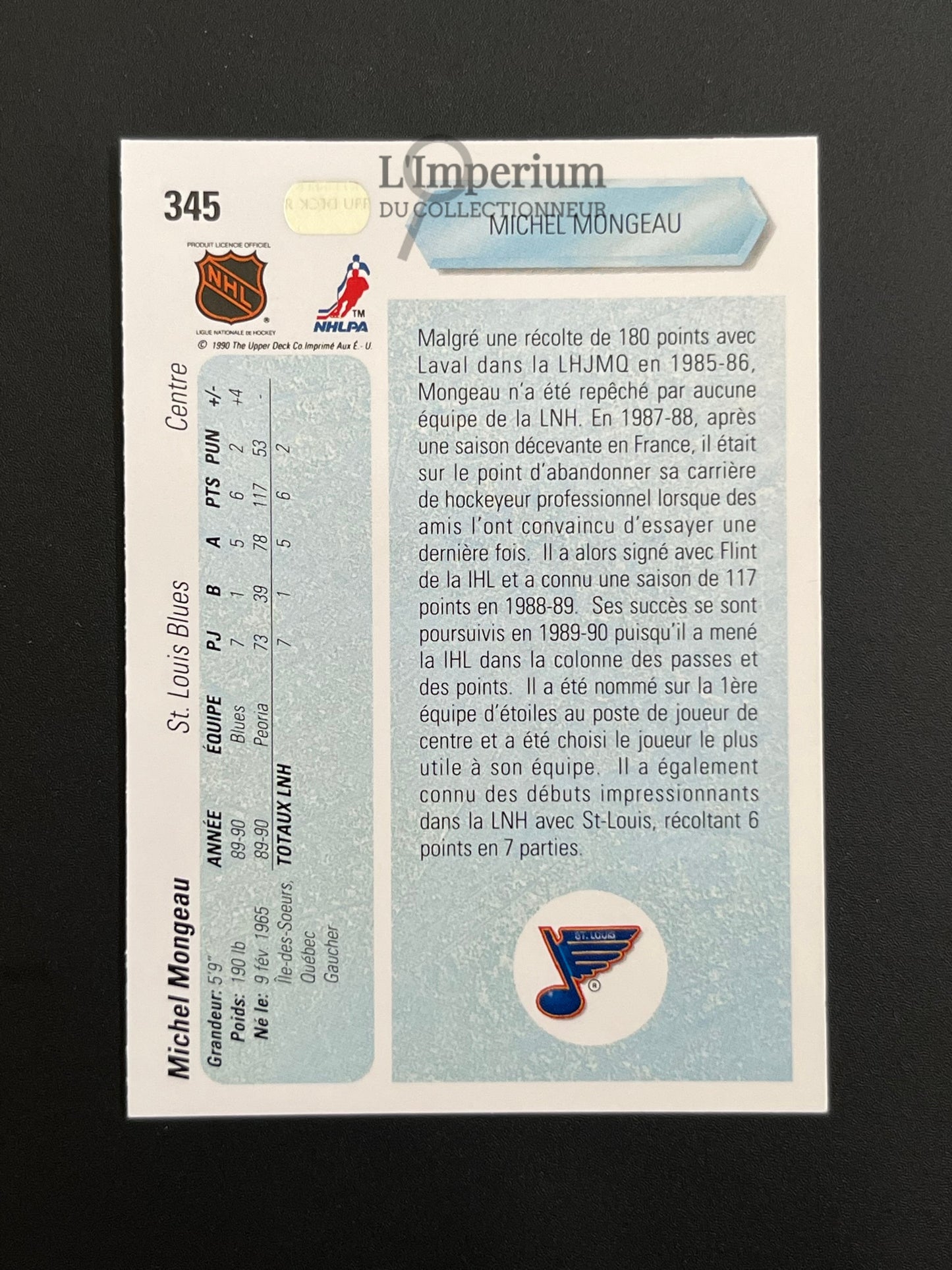 345. Michel Mongeau RC Upper Deck 1990-91 French Hockey Card
