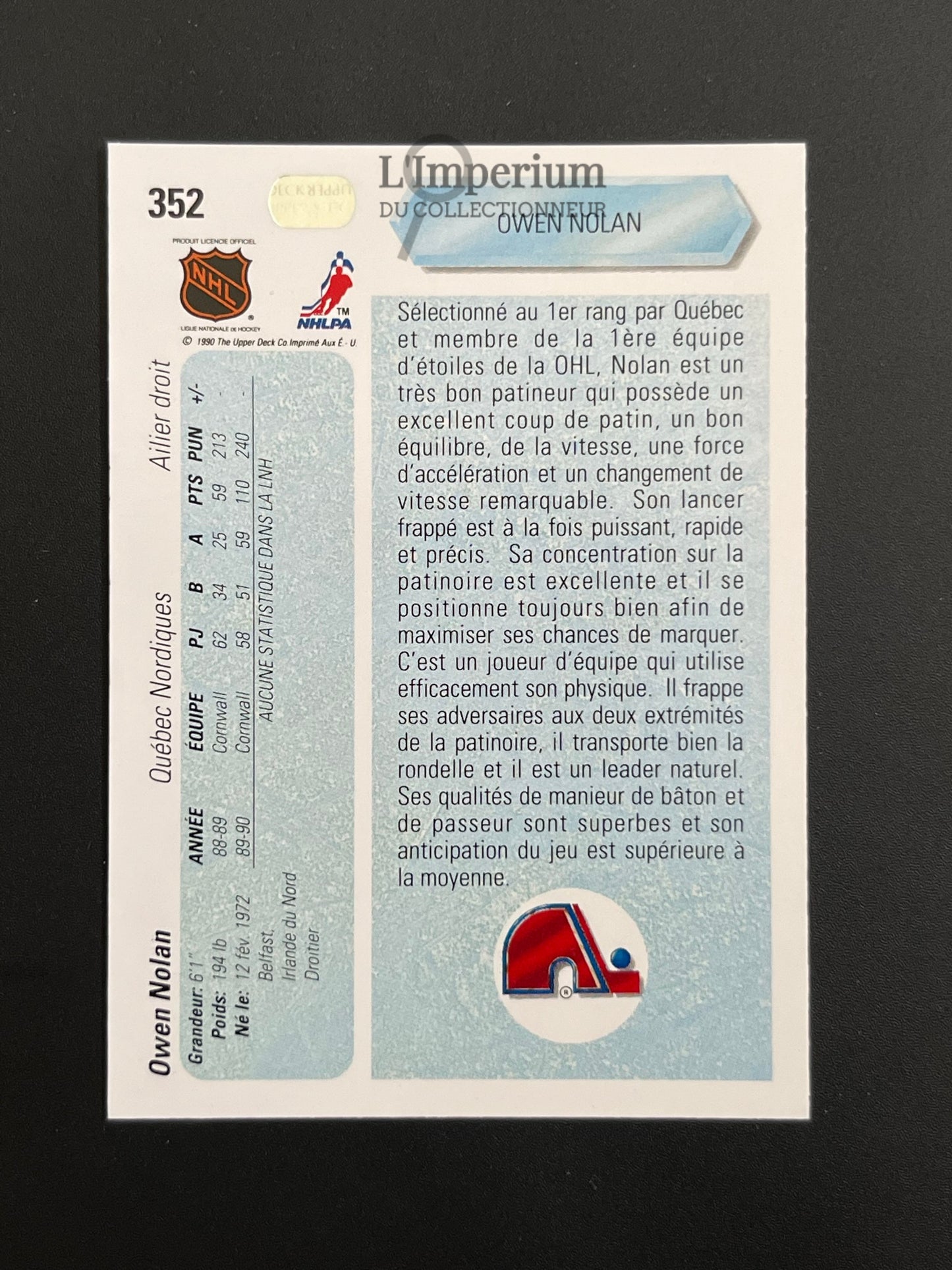 352. Owen Nolan RC Upper Deck 1990-91 French Hockey Card