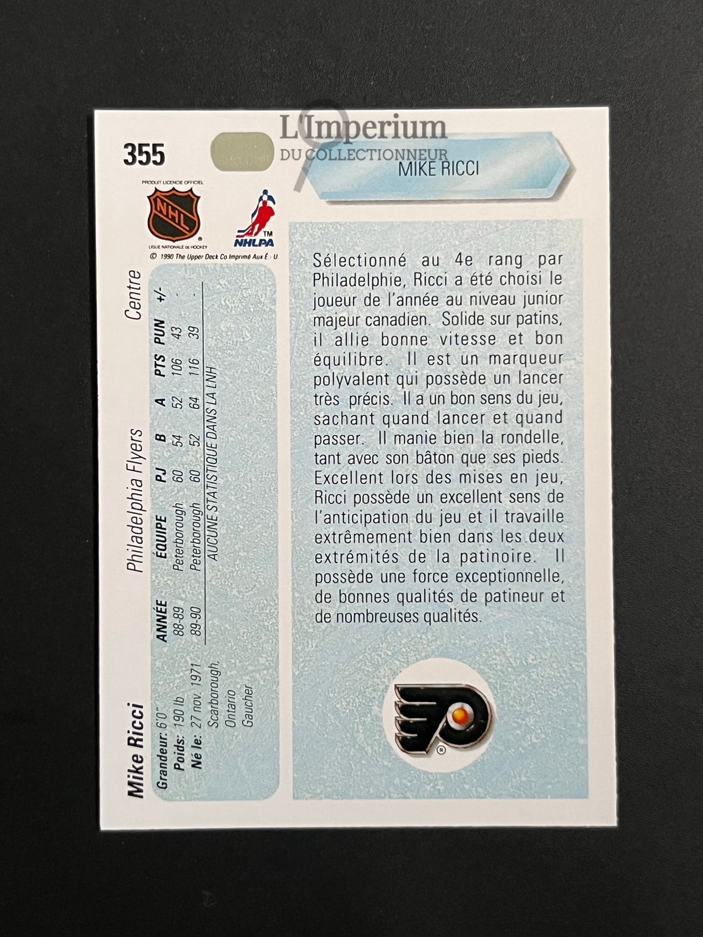 355. Mike Ricci RC Upper Deck 1990-91 French Hockey Card