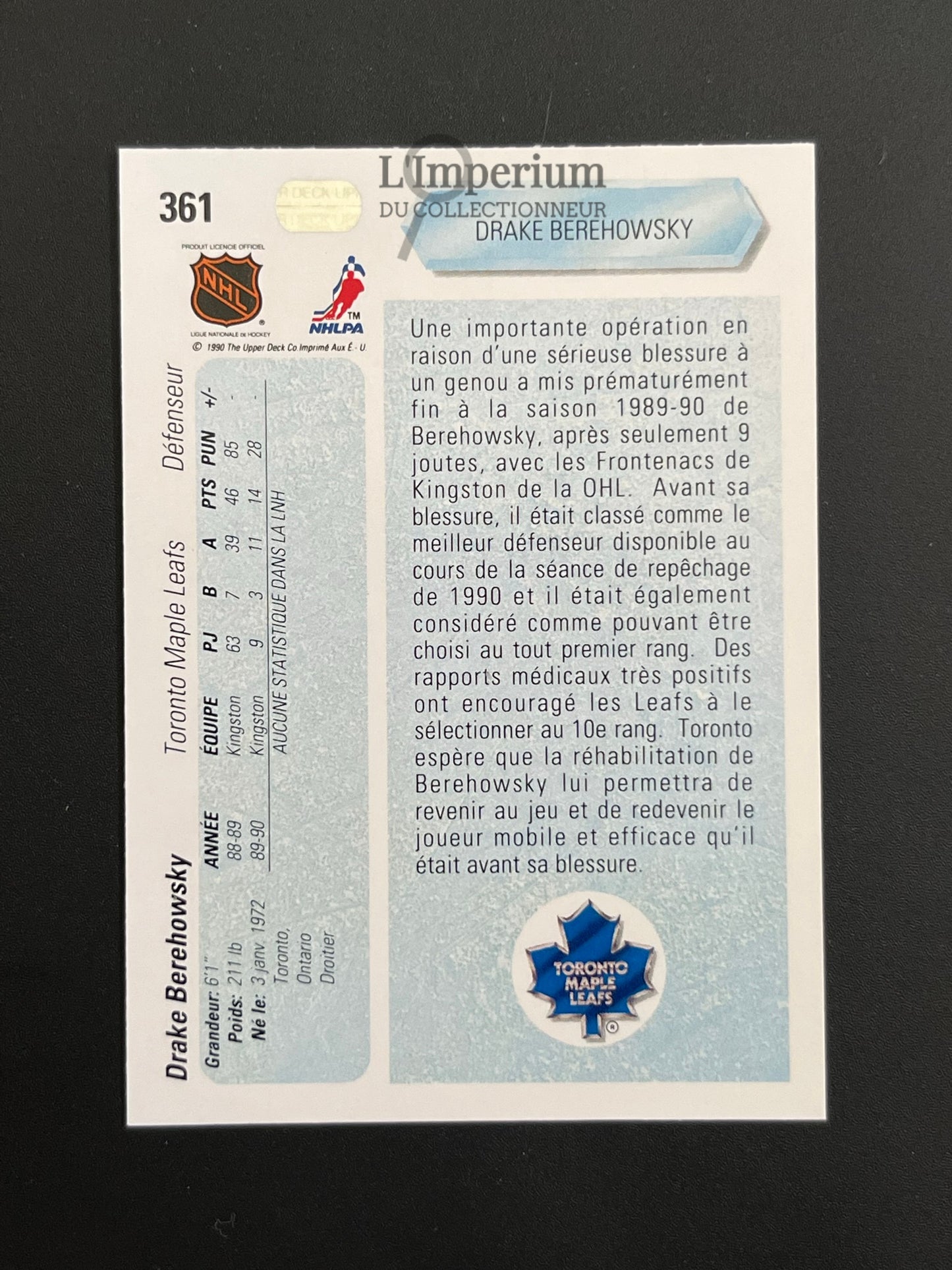 361. Drake Berehowski RC Upper Deck 1990-91 French Hockey Card