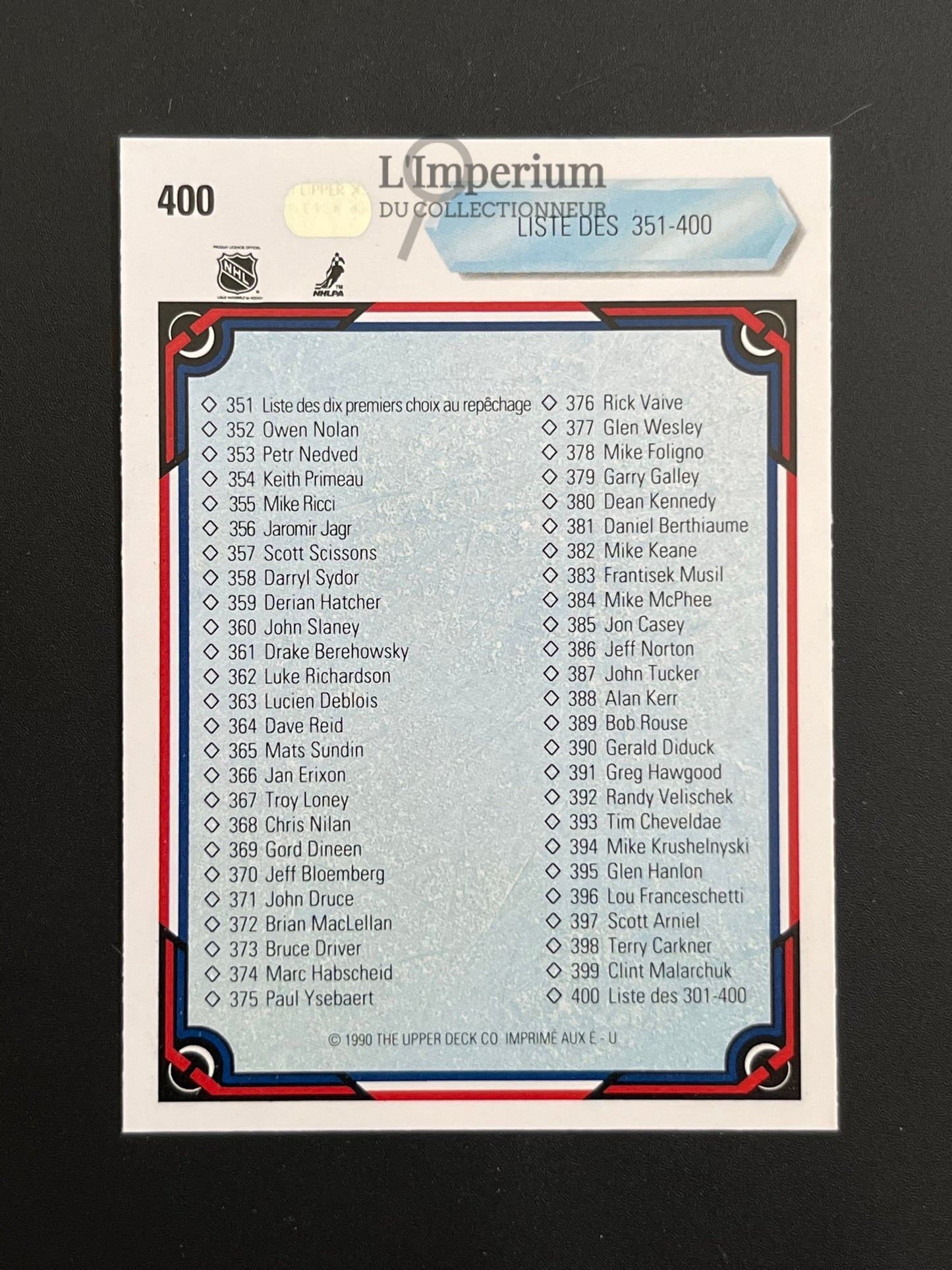 400. Checklist 301-400 Upper Deck 1990-91 French Hockey Card