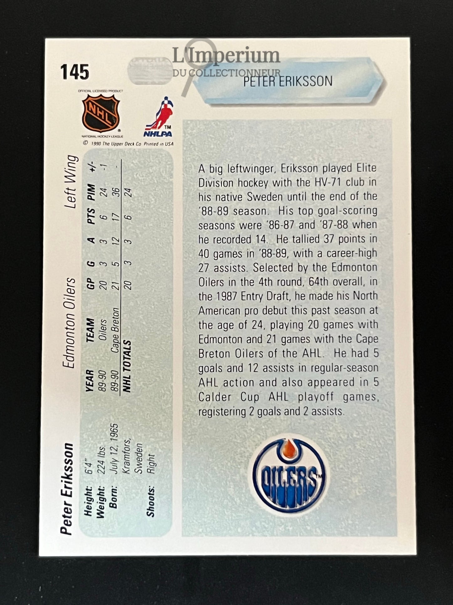 145. Peter Eriksson RC Upper Deck 1990-91 Hockey Card