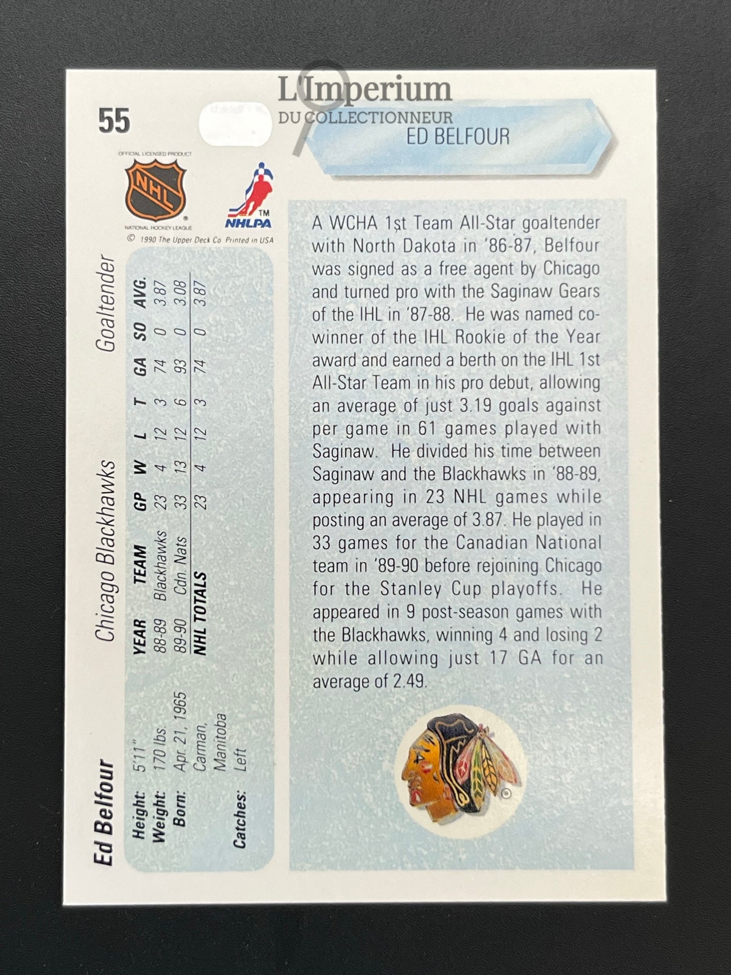 55. Ed Belfour RC Upper Deck 1990-91 Hockey Card