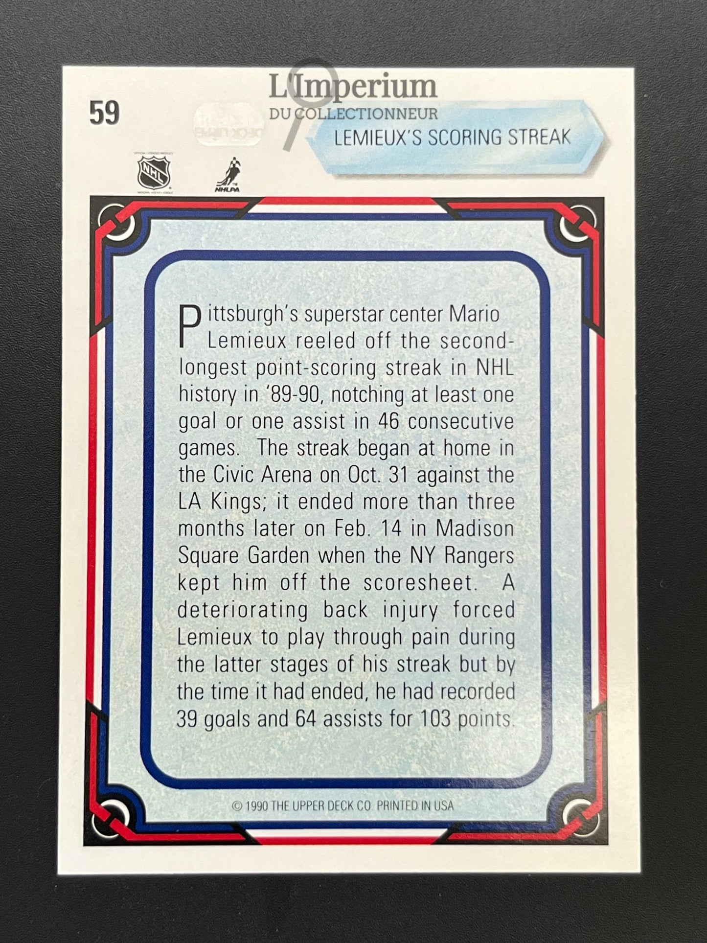 59. Mario Lemieux Streak Upper Deck 1990-91 Hockey Card