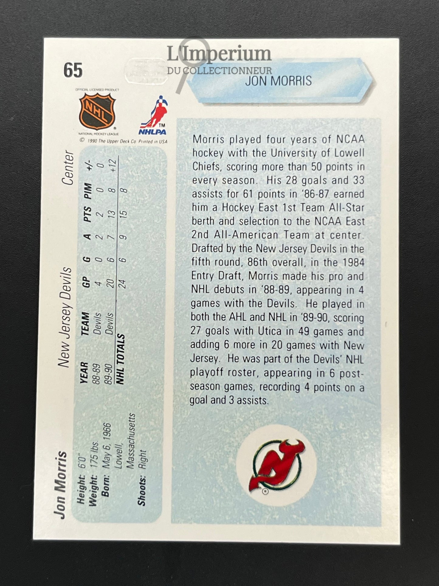65. Jon Morris RC Upper Deck 1990-91 Hockey Card