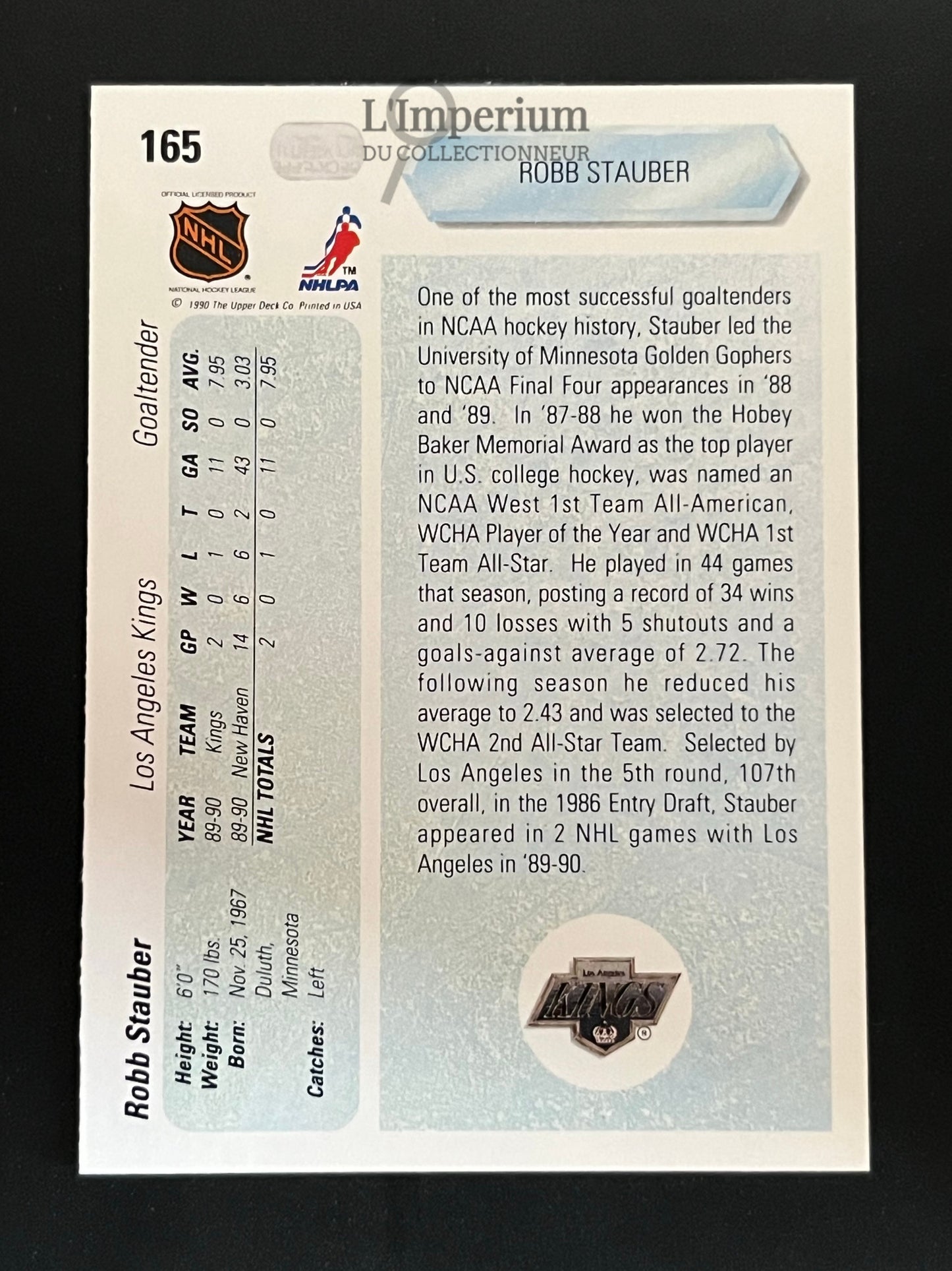 165. Robb Stauber RC Upper Deck 1990-91 Hockey Card
