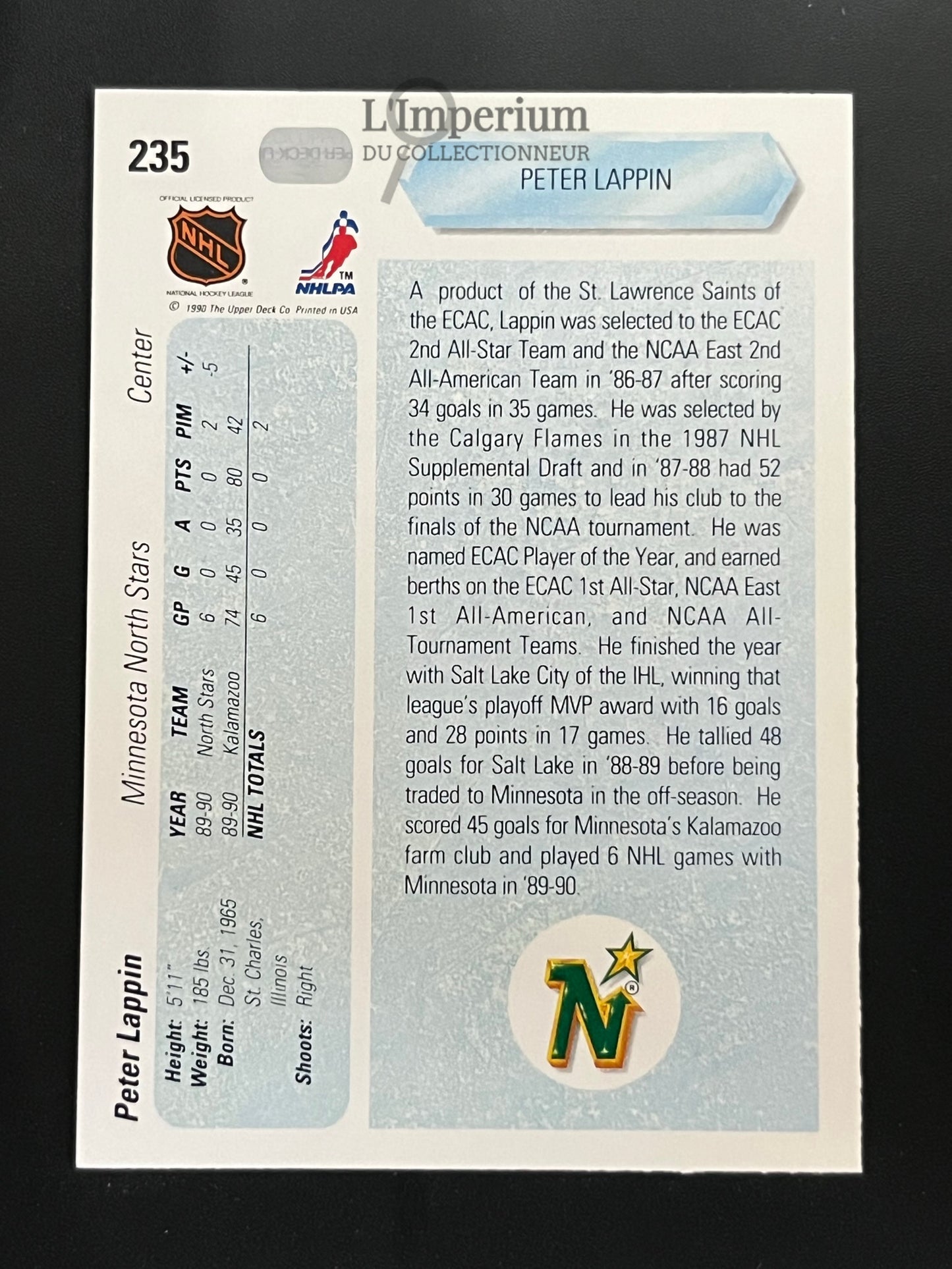 235. Peter Lappin RC Upper Deck 1990-91 Hockey Card