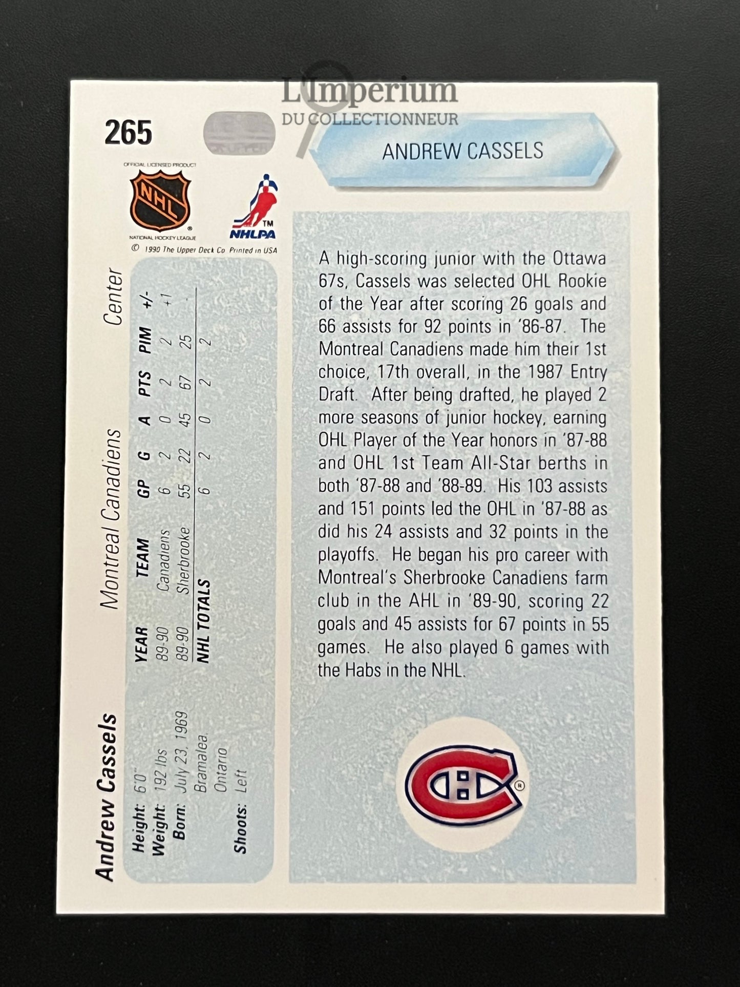 265. Andrew Cassels RC Upper Deck 1990-91 Hockey Card