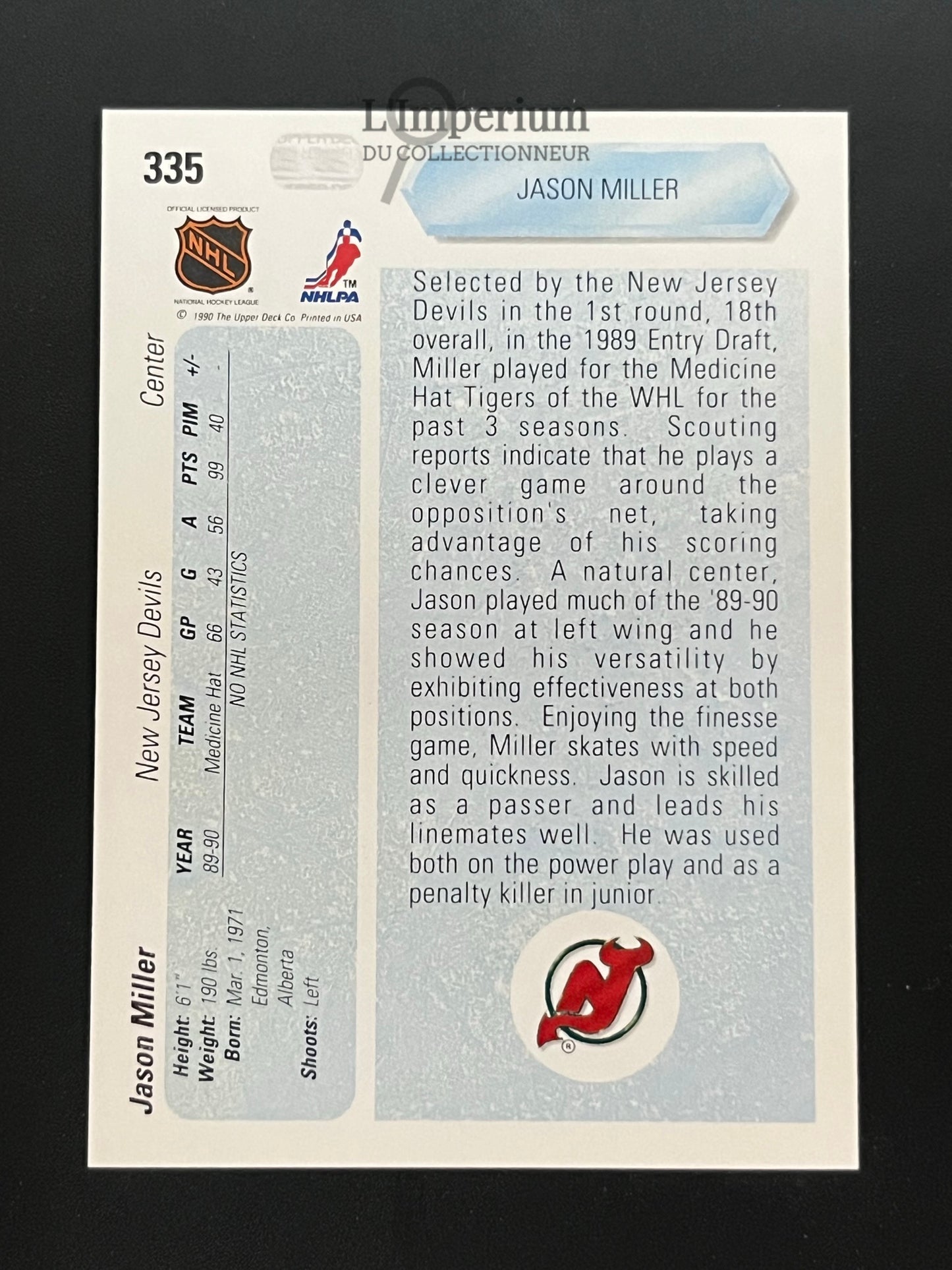 335. Jason Miller RC Upper Deck 1990-91 Hockey Card