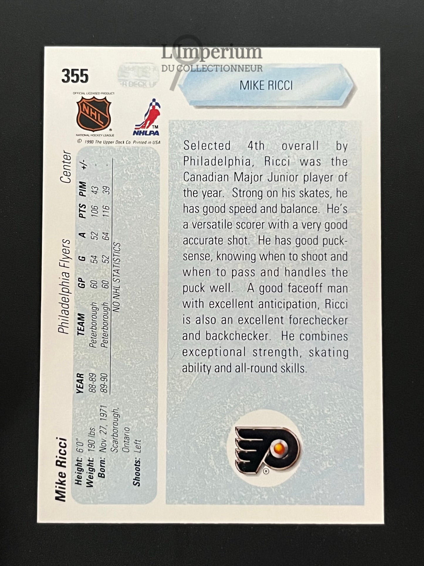 355. Mike Ricci RC Upper Deck 1990-91 Hockey Card