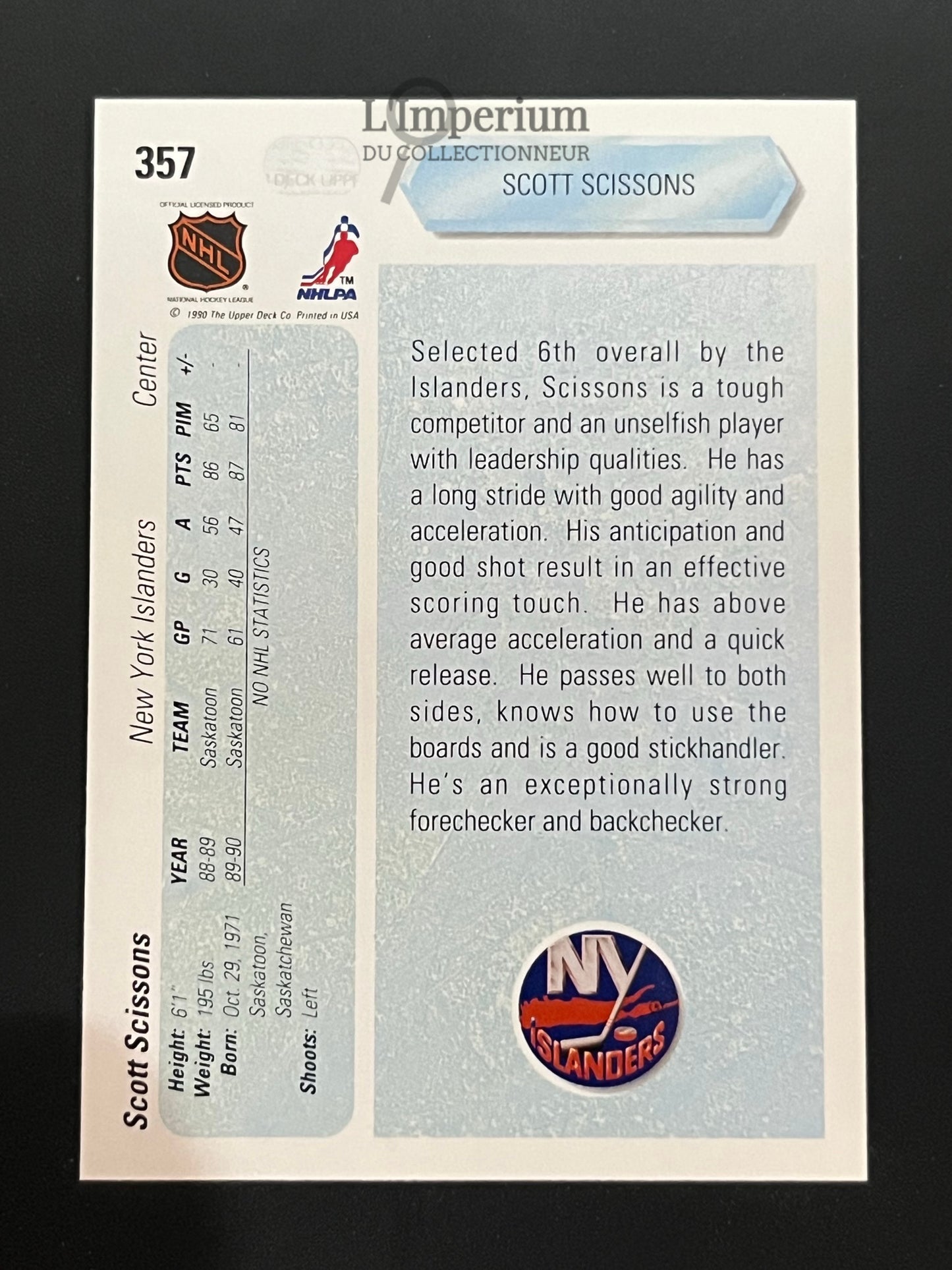 357. Scott Scissons RC Upper Deck 1990-91 Hockey Card