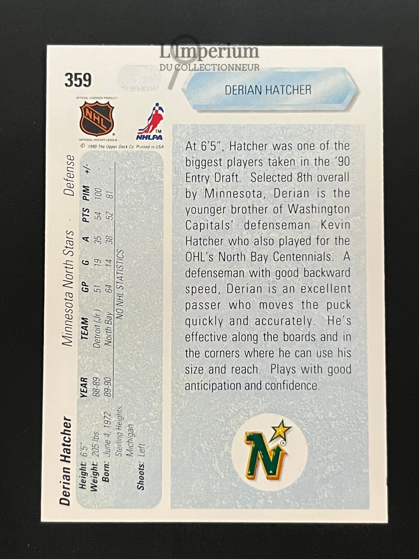 359. Derian Hatcher Upper Deck 1990-91 Hockey Card
