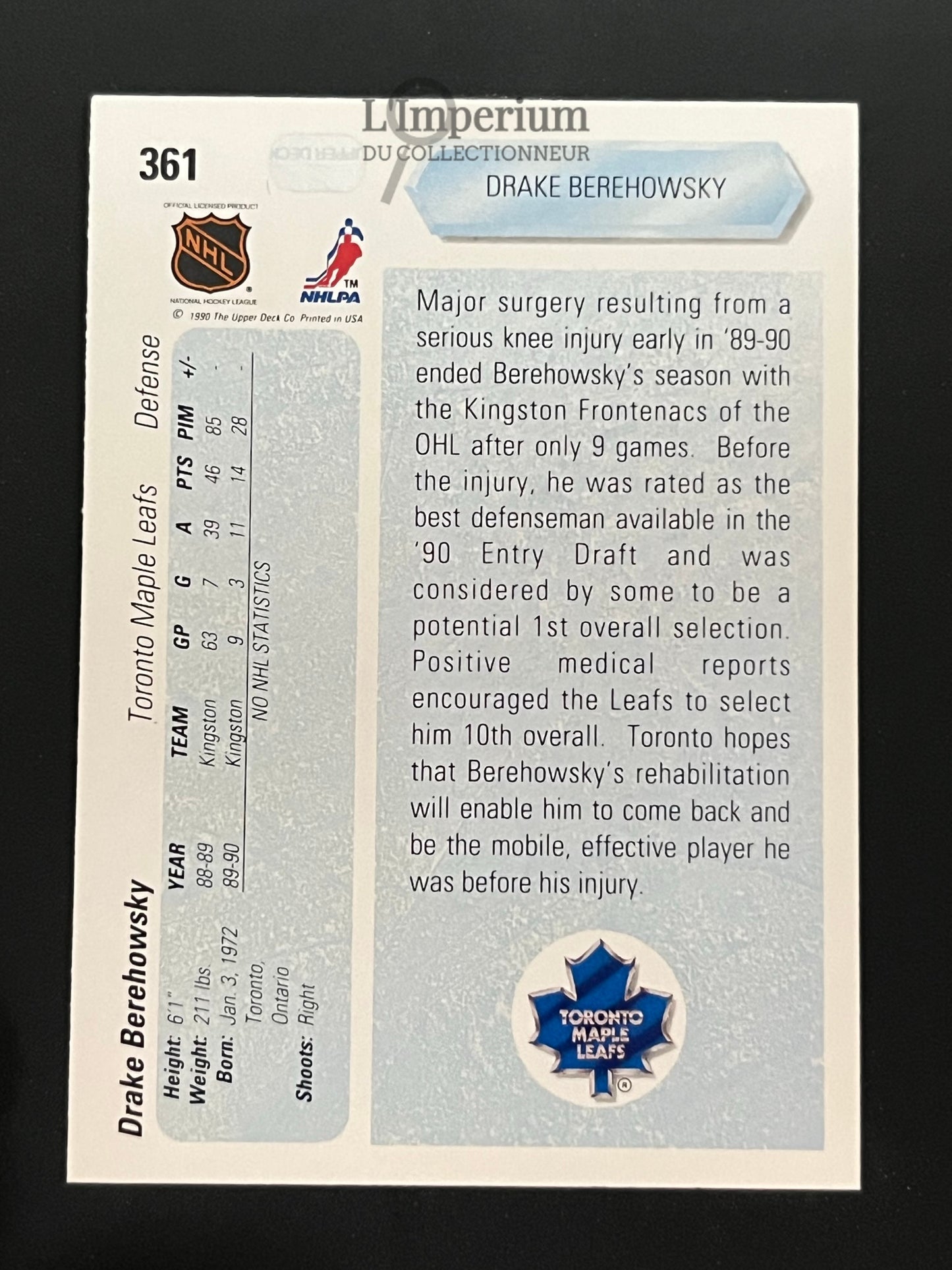 361. Drake Berehowski RC Upper Deck 1990-91 Hockey Card