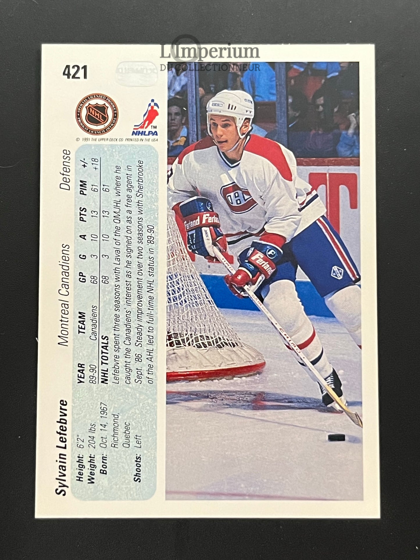 421. Sylvain Lefebvre RC Upper Deck 1990-91 Hockey Card