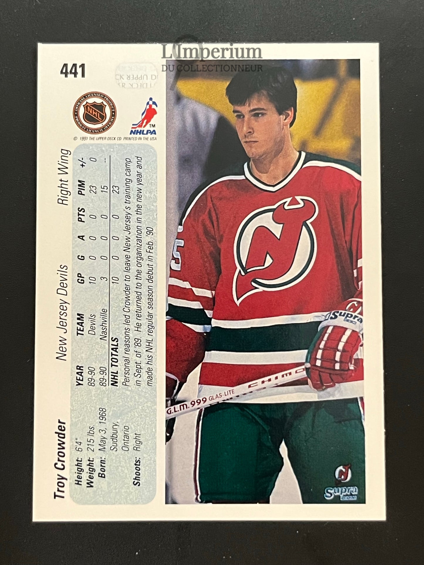 441. Troy Crowder RC Upper Deck 1990-91 Hockey Card
