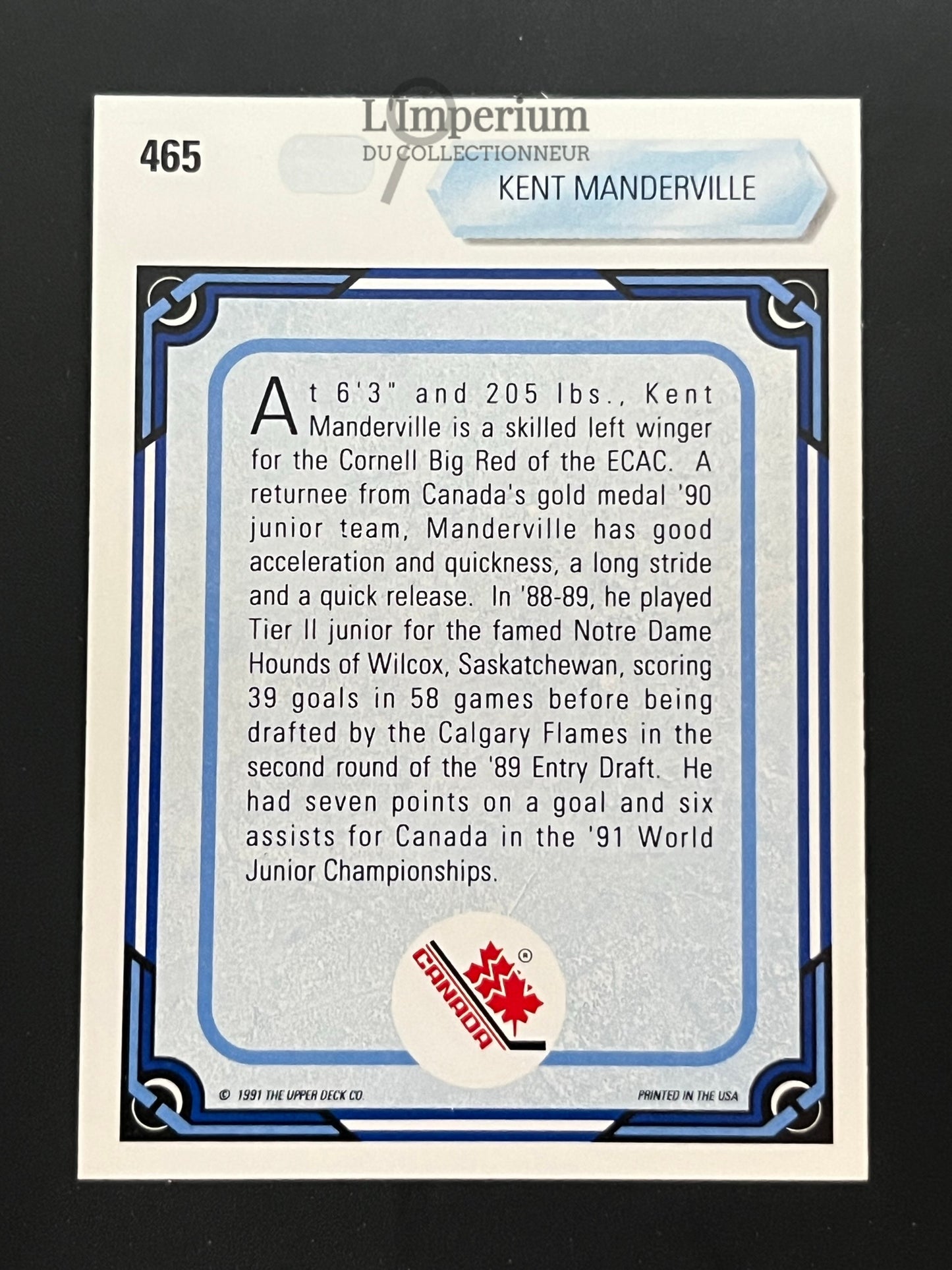 465. Kent Manderville RC Upper Deck 1990-91 Hockey Card