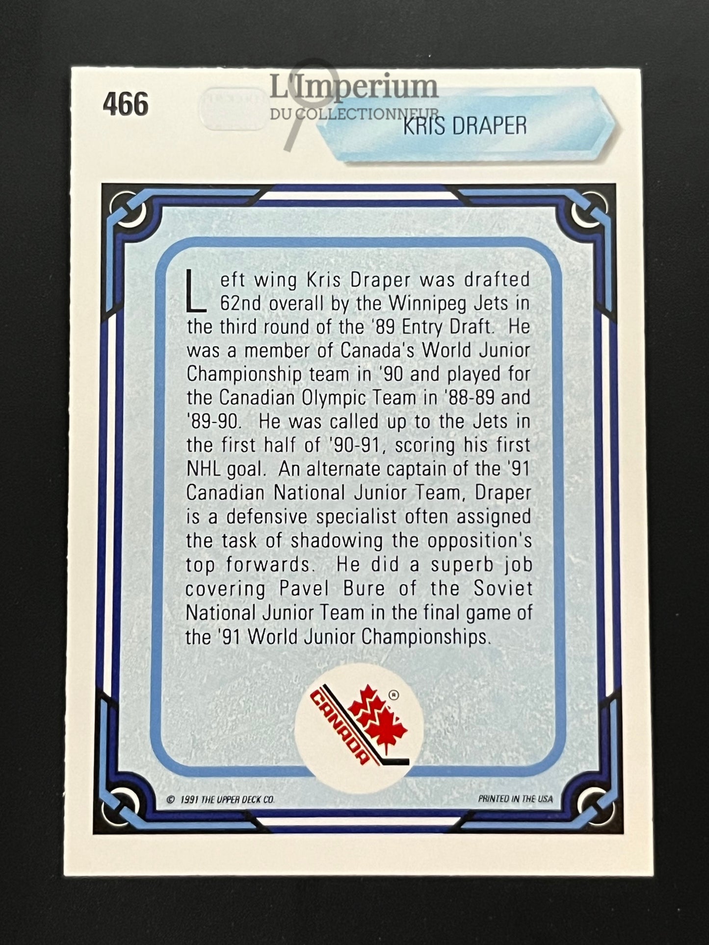 466. Kris Draper RC Upper Deck 1990-91 Hockey Card