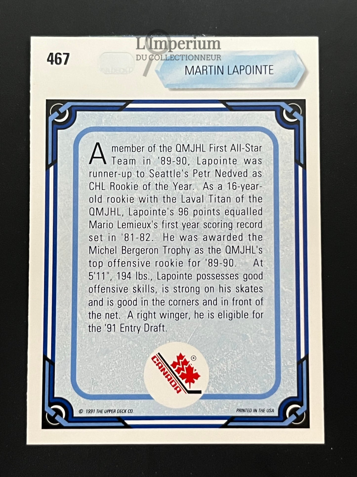 467. Martin Lapointe RC Upper Deck 1990-91 Hockey Card