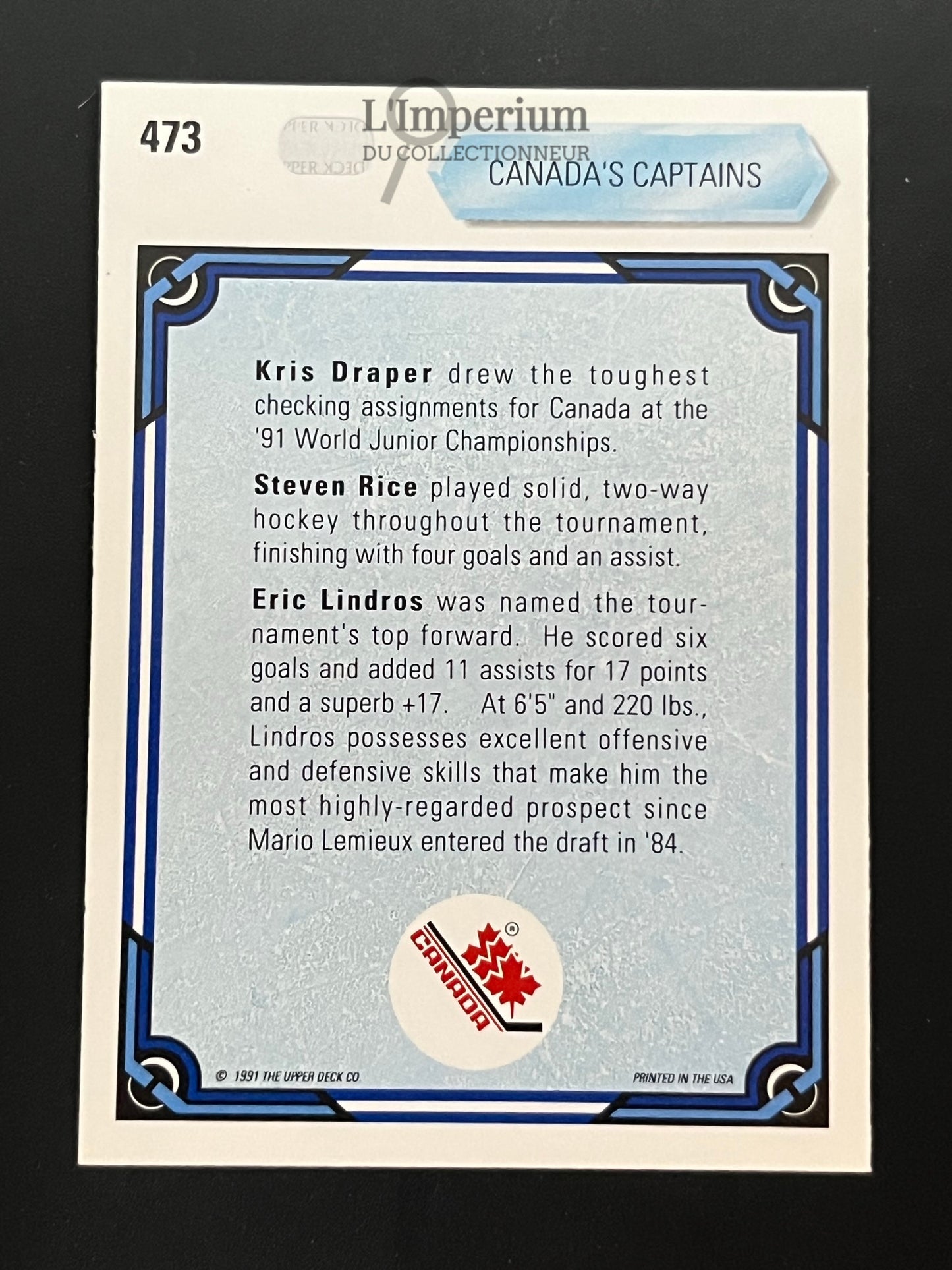 473. Canada's Captains (Draper / Rice / Lindros) RC Upper Deck 1990-91 Hockey Card